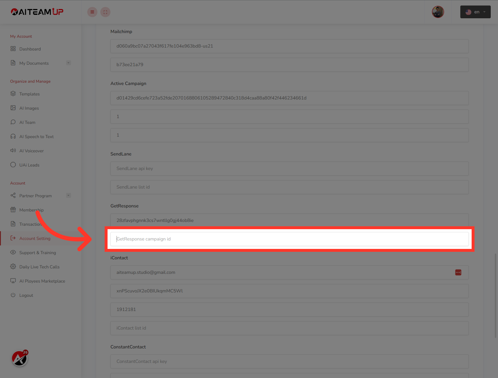 Click on the 'GetResponse campaign ID' field.