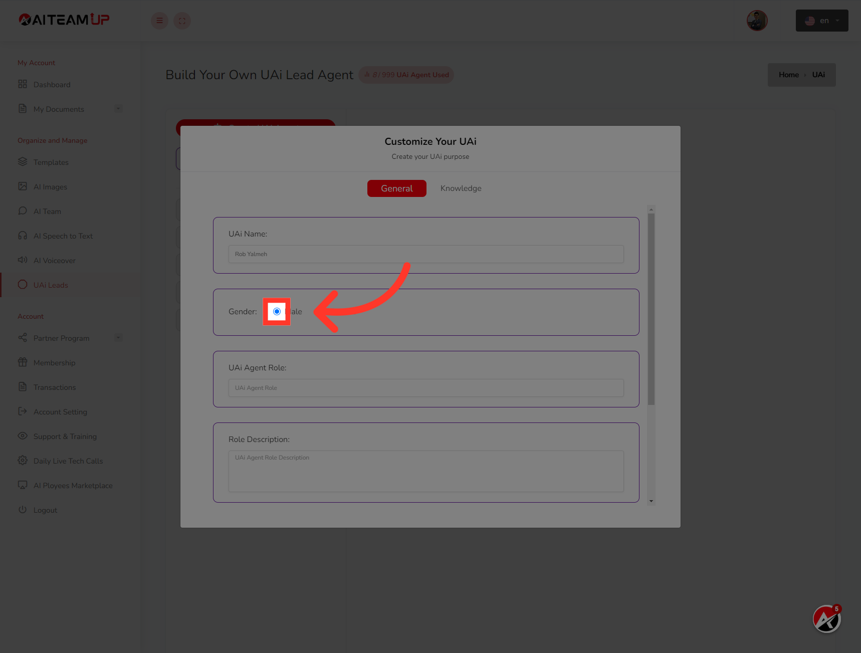 Specify the gender as 'Male' for the UAi Agent.