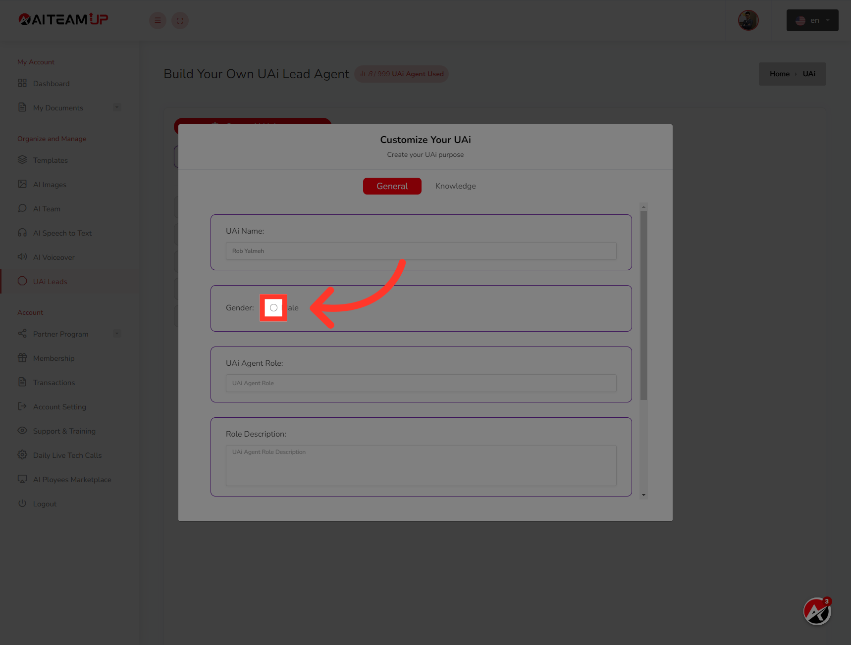 Select the gender for the UAI lead agent