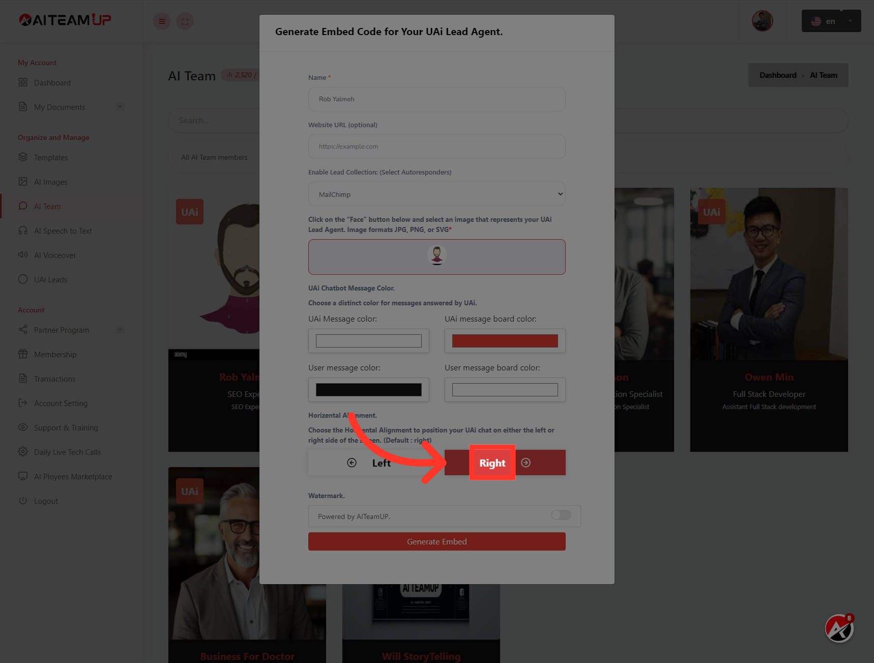Select the position and
appearance for your UAI
lead bot.