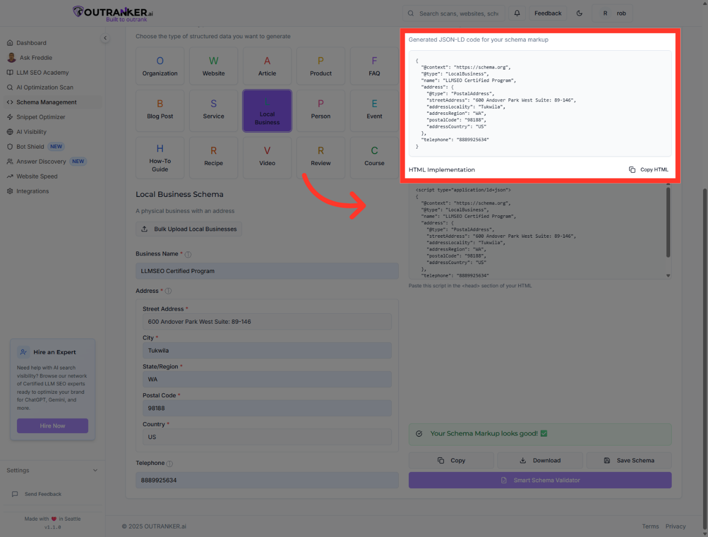 Click 'JSON-LD OutputGenerated JSON-LD code for your schema markup'