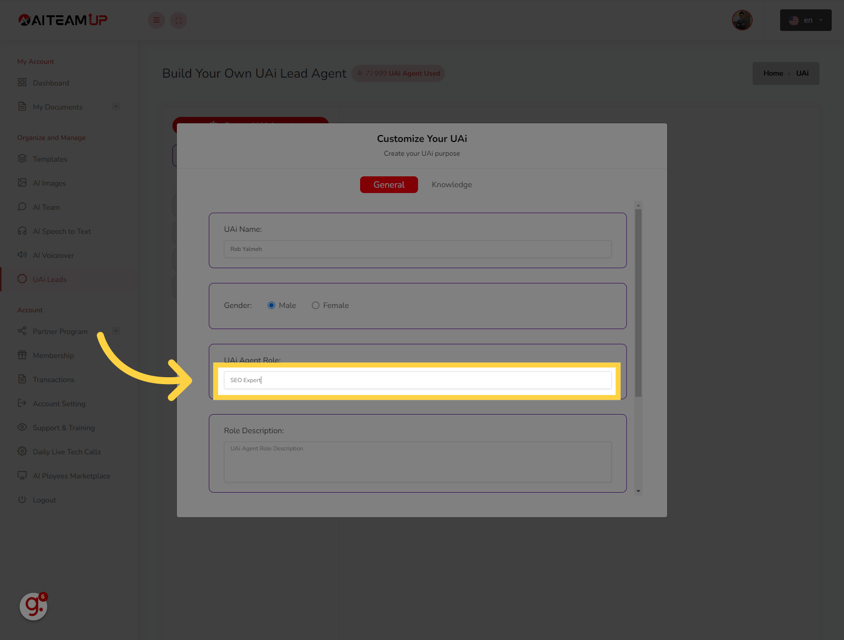 Name the role for your UAI lead agent