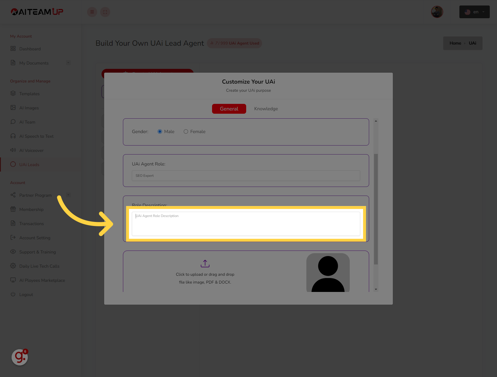 Click 'UAi Agent Role Description'Click on the 'UAi Agent Role Description' field and write the details about the UAI lead agent.