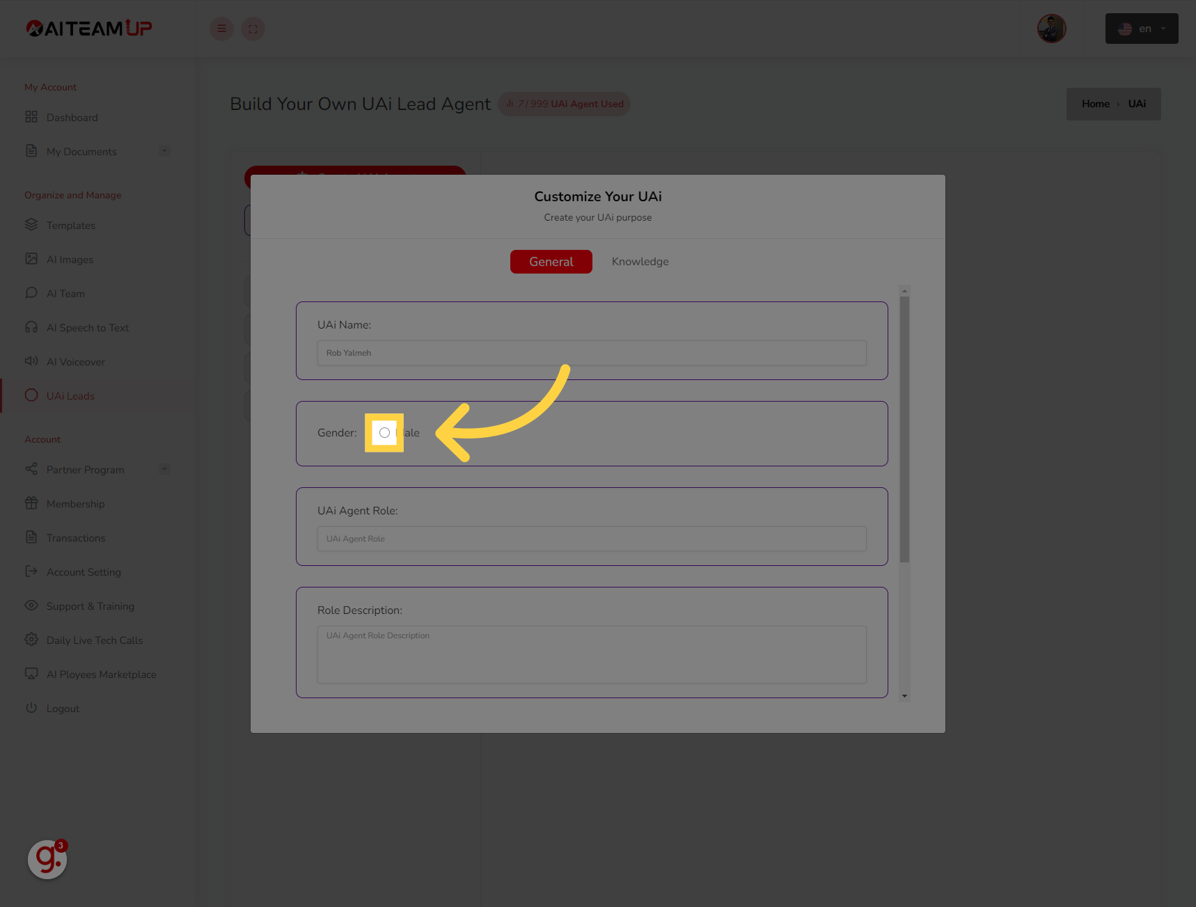 Choose the 'Gender' you want
for the UAI Lead agent