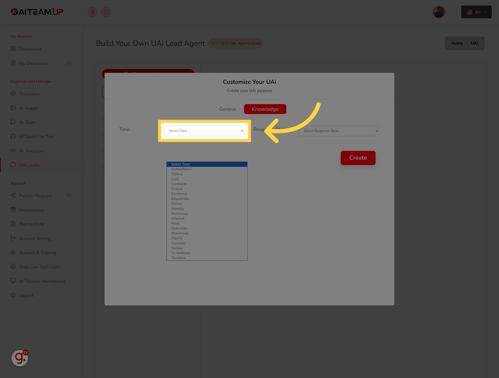 Select a voice tone for your Agent.