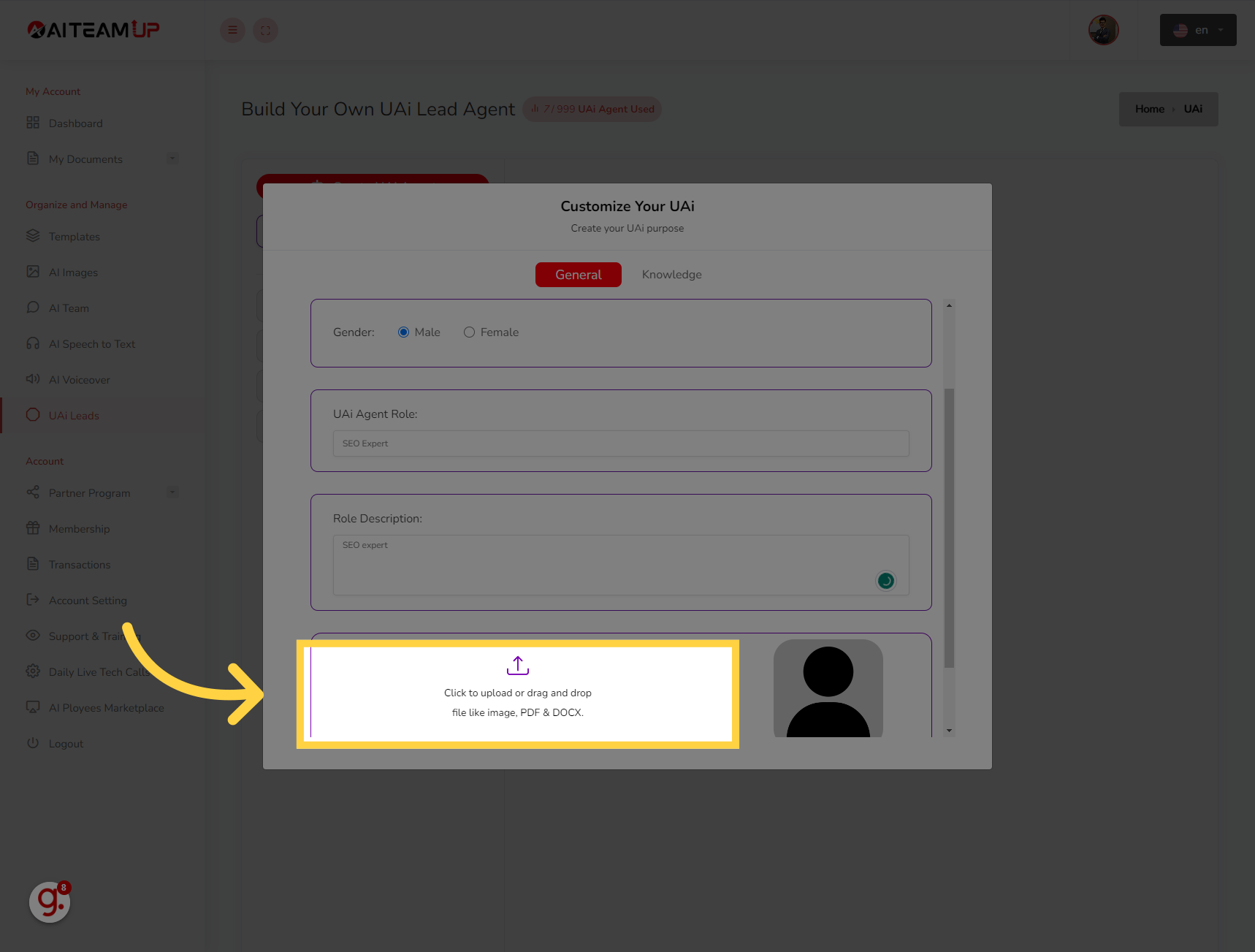 Upload an Image for
your UAI lead agent.