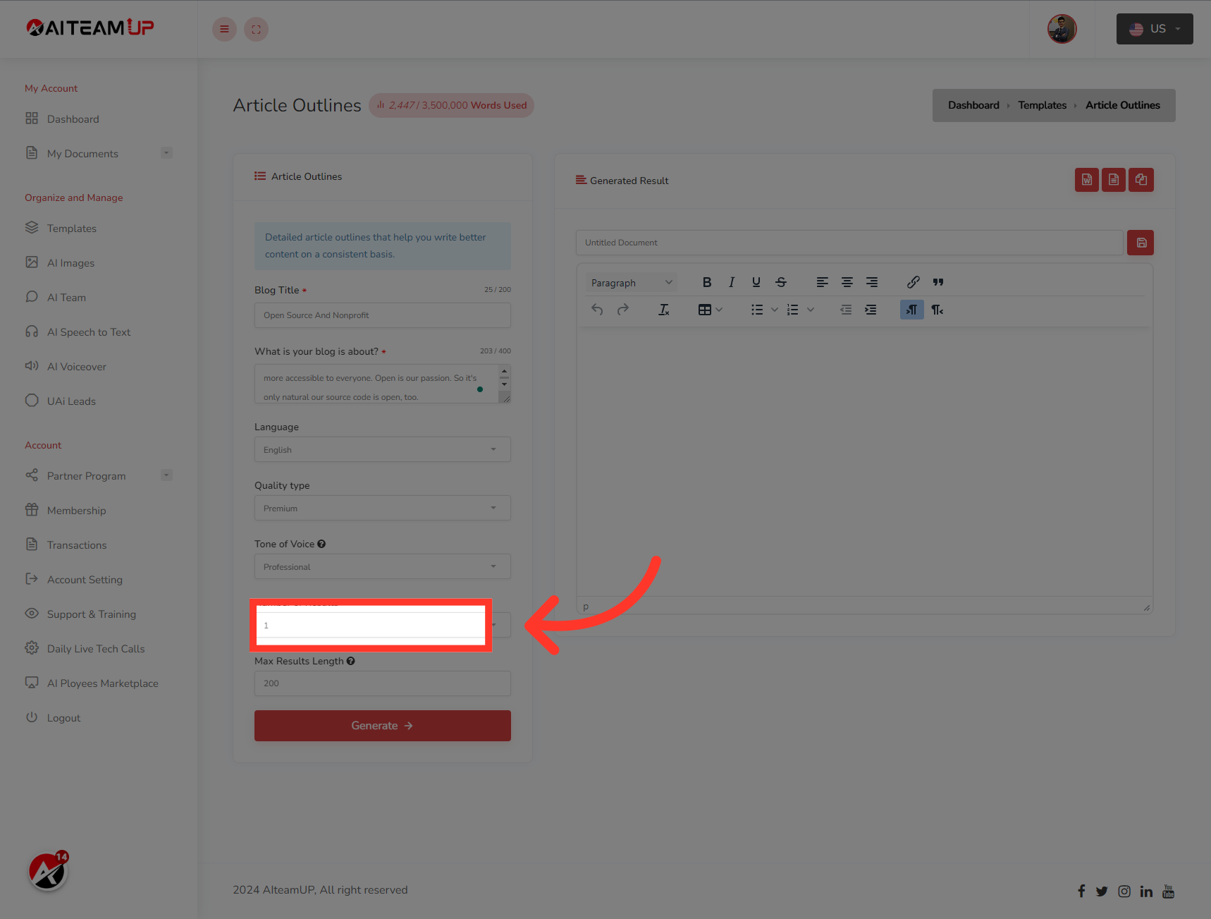 Select the number of results and variations you would like to generate.