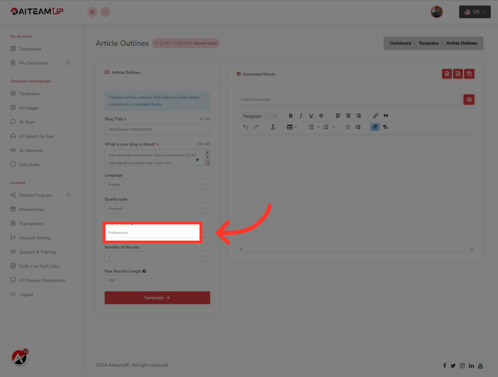 Select your preferred output tone of voice.