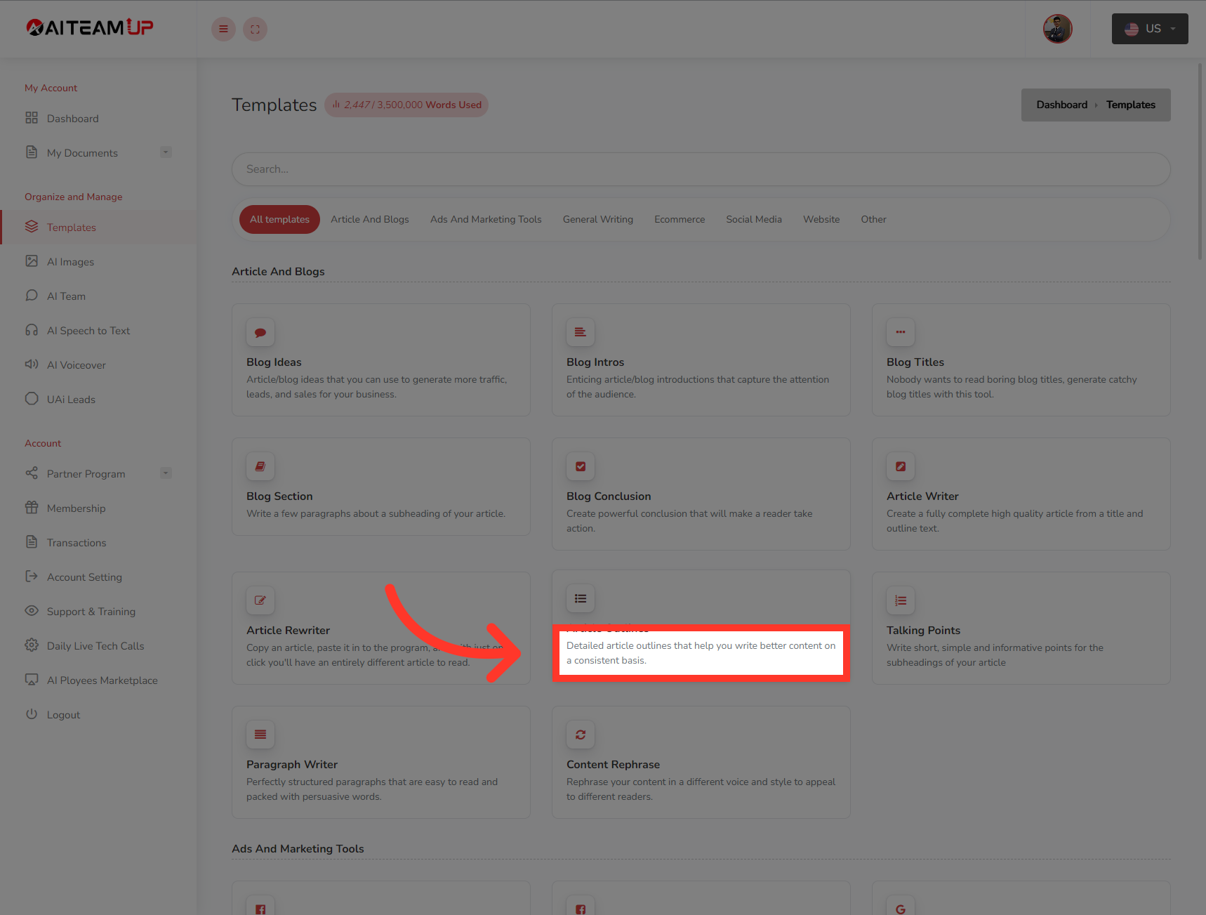 Select a detailed article outline template.