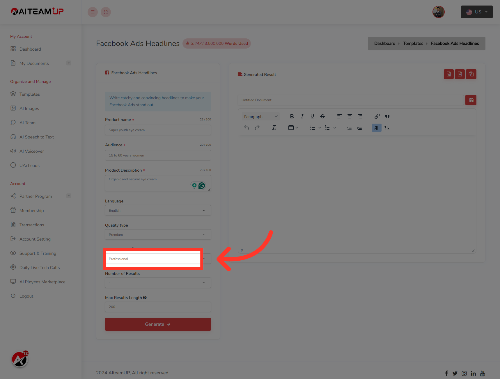 Select your preferred output tone of voice.