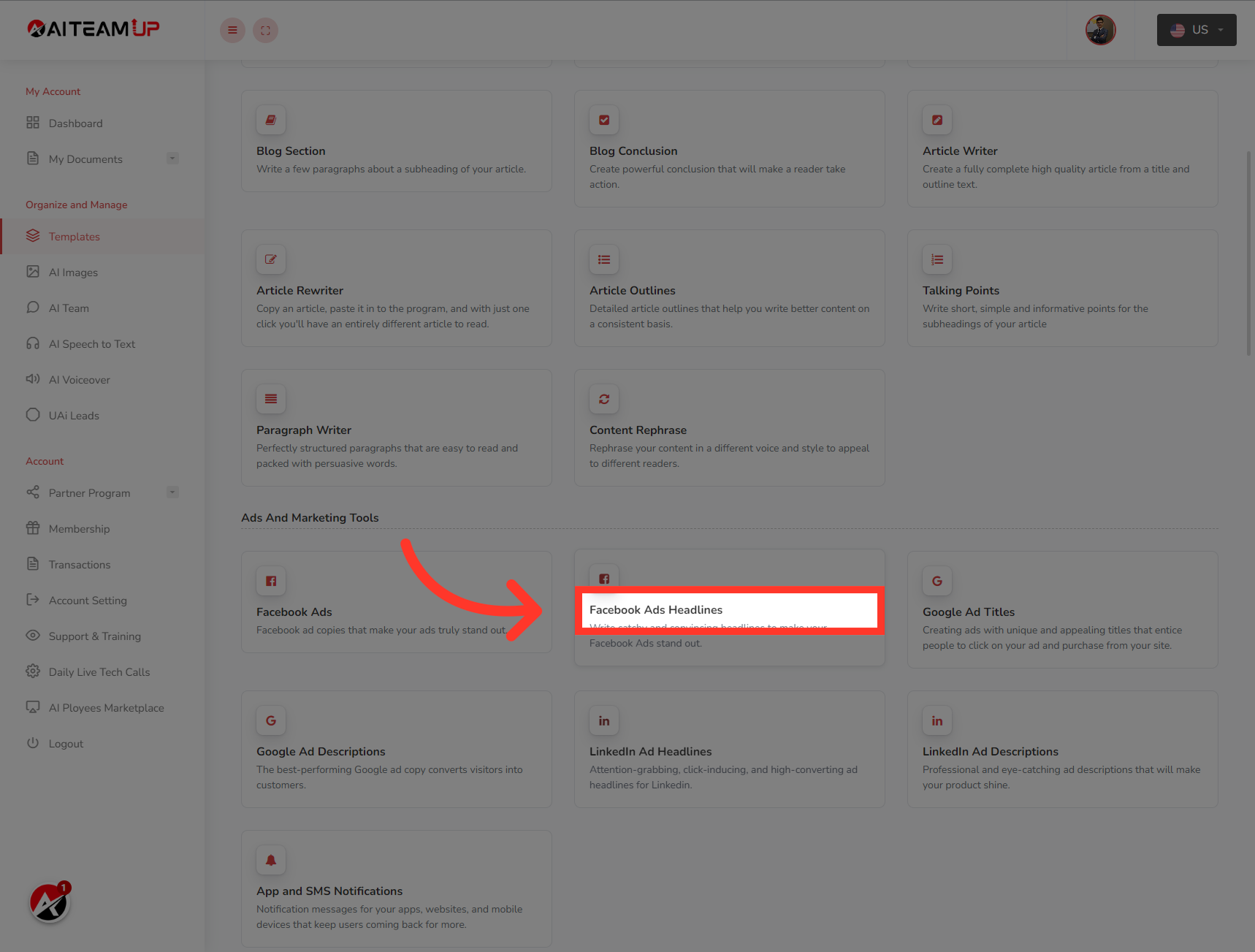 Navigate to 'Facebook Ads Headlines'