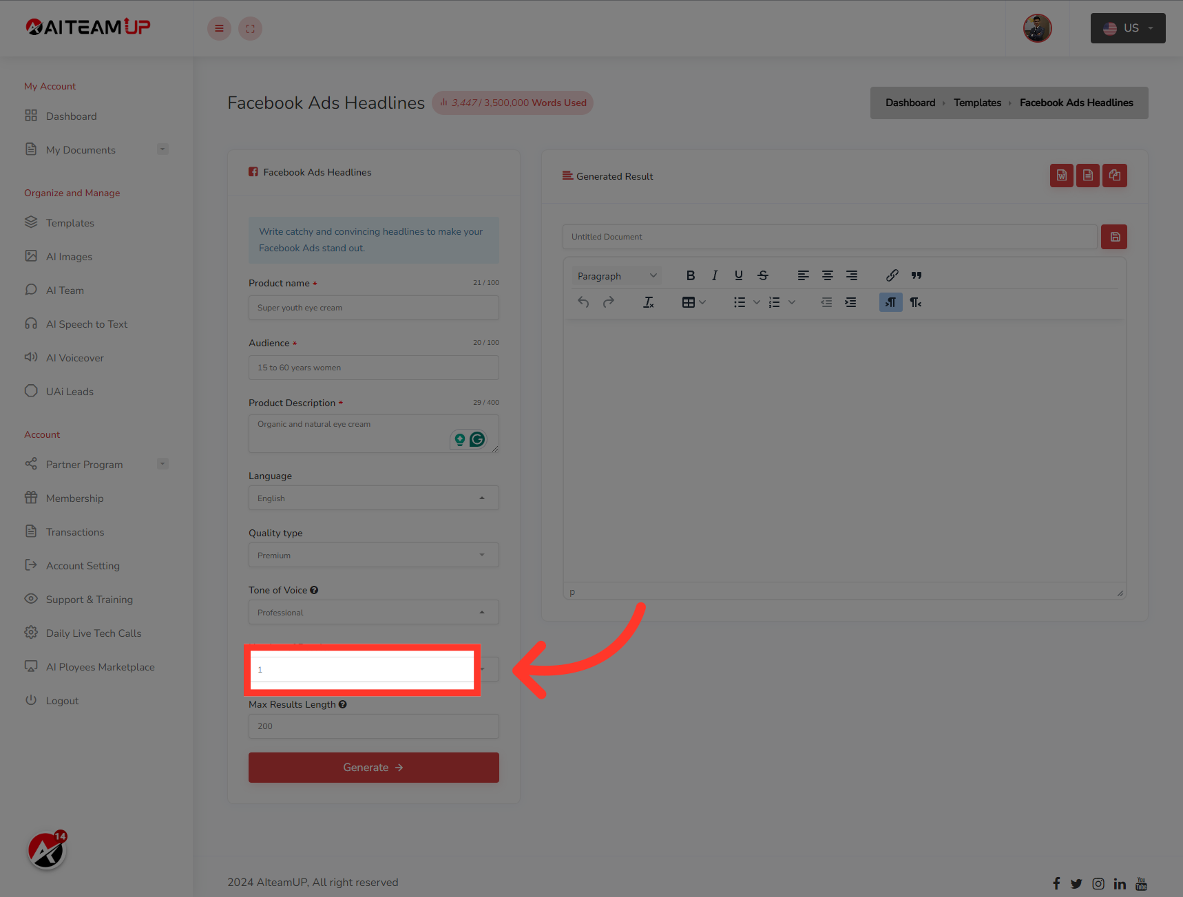 Select the number of results and variations you would like to generate.