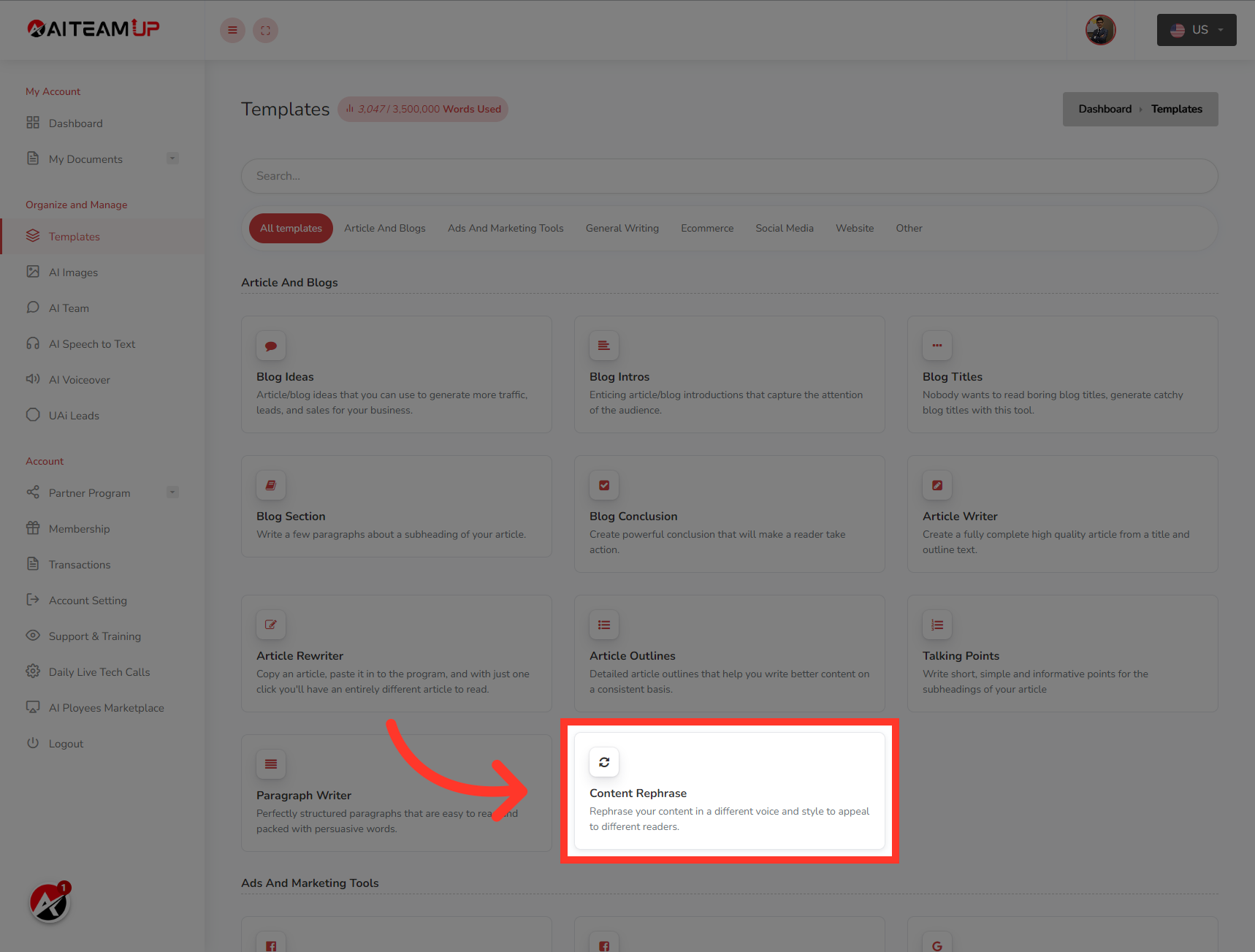 Click 'Content Rephrase                                                                                                    
                                                
                                 ...'