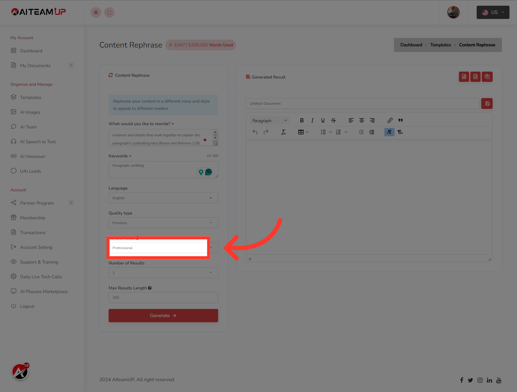 Select your preferred output tone of voice.