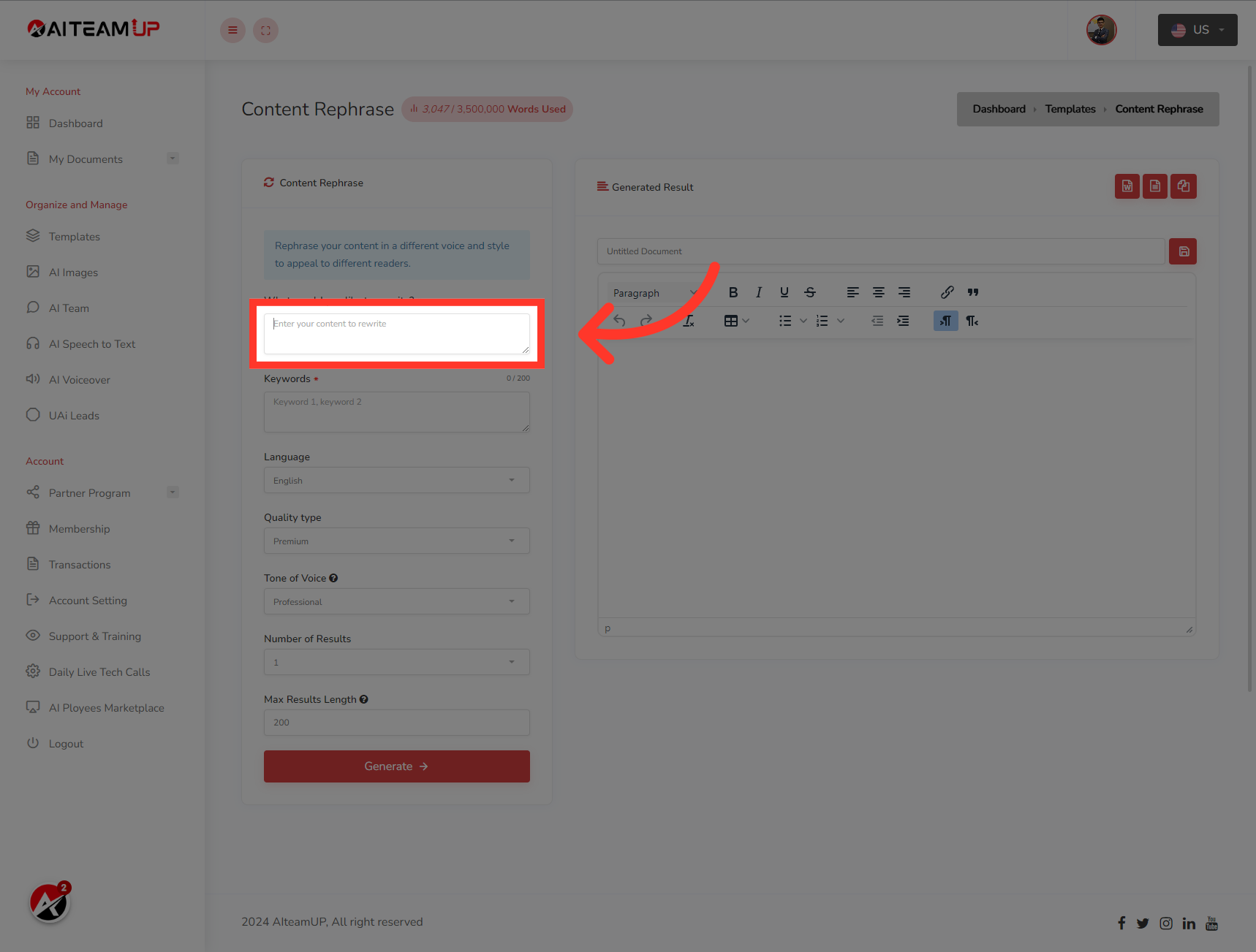 Enter the content on 'Enter your content to rewrite' Field
