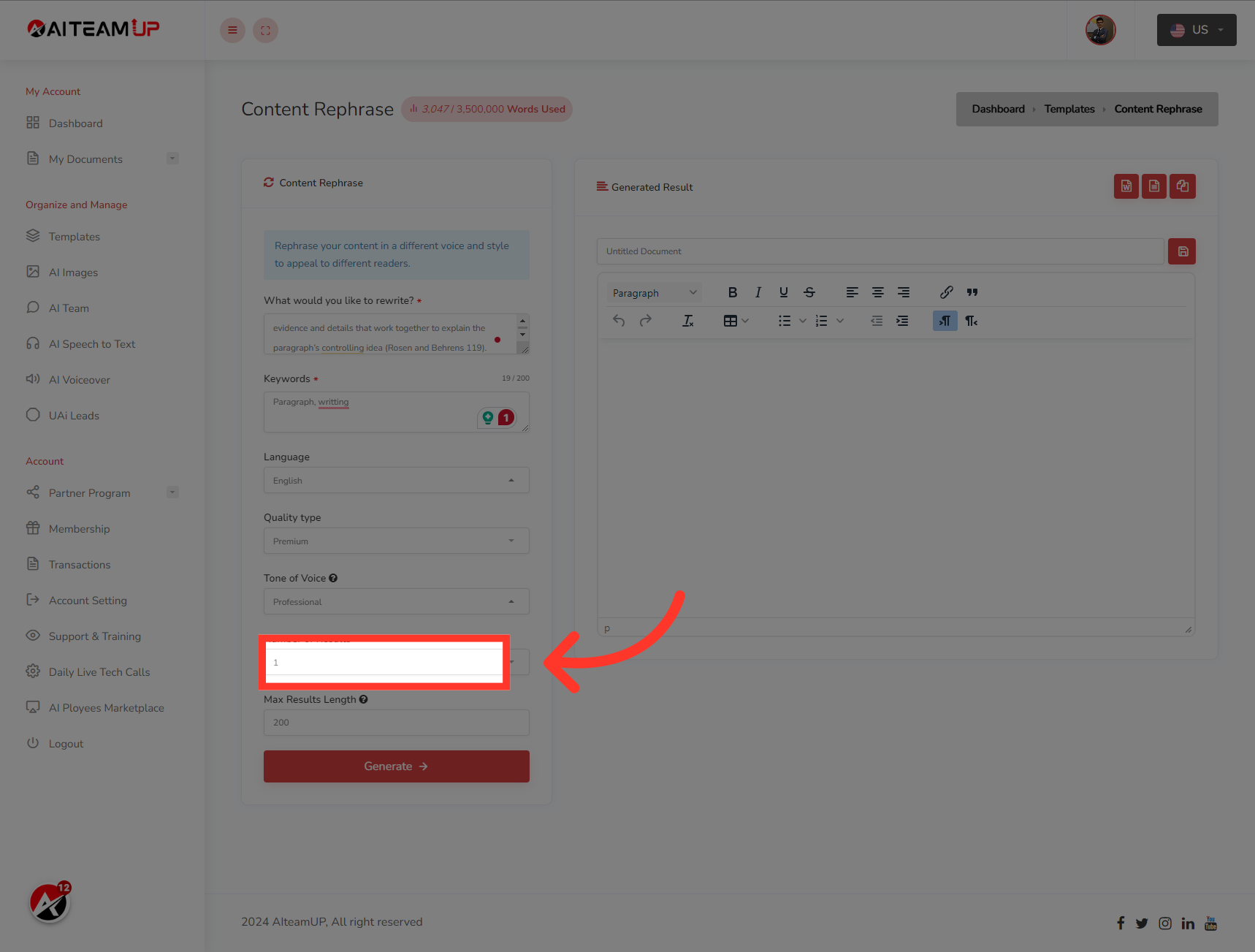 Select the number of results and variations you would like to generate.