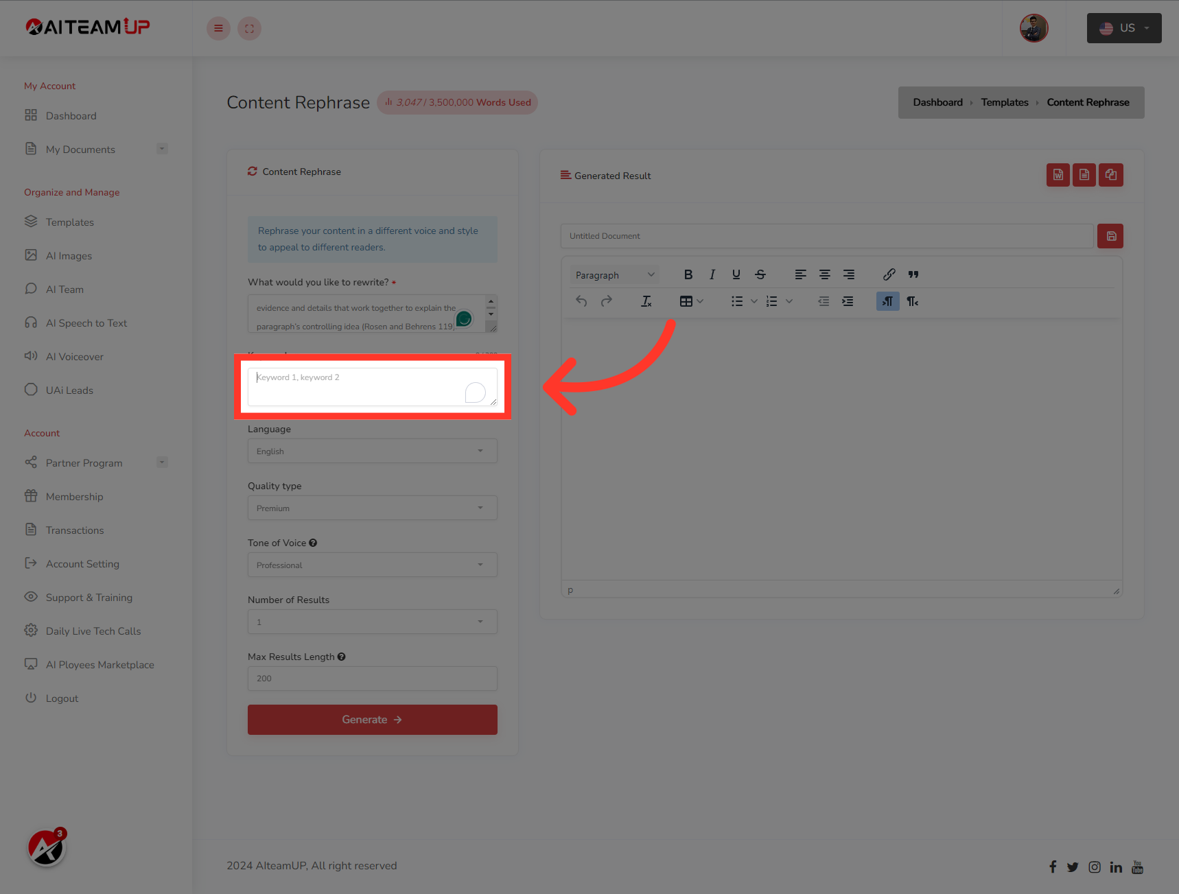 Now, enter the keywords you want to include within your content.