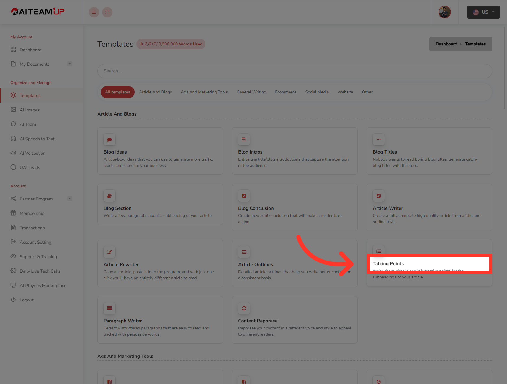 Click 'Talking Points'