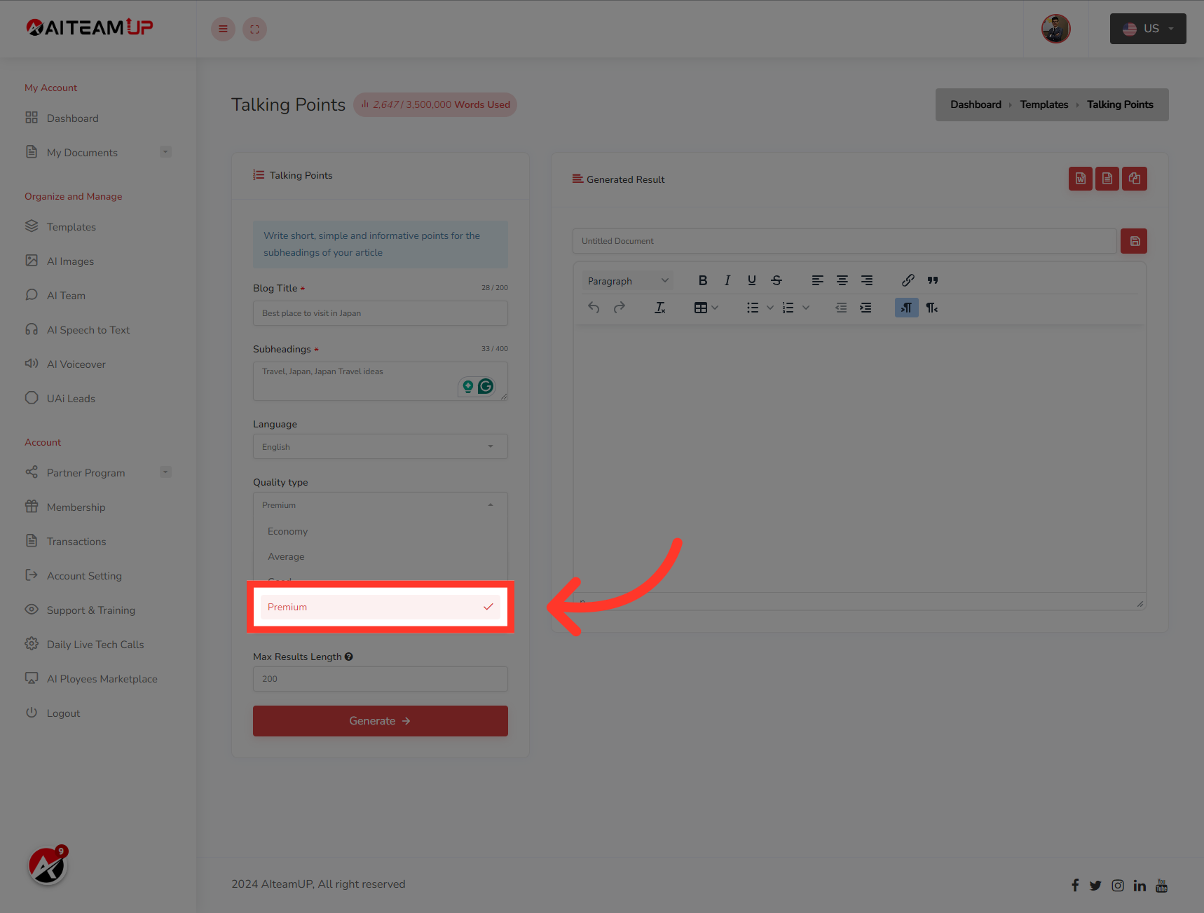 Select your preferred output tone of voice.