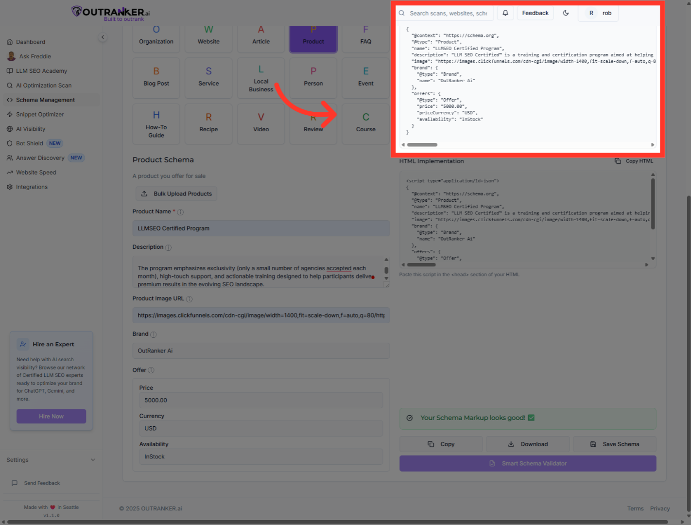 Click 'JSON-LD OutputGenerated JSON-LD code for your schema markup'