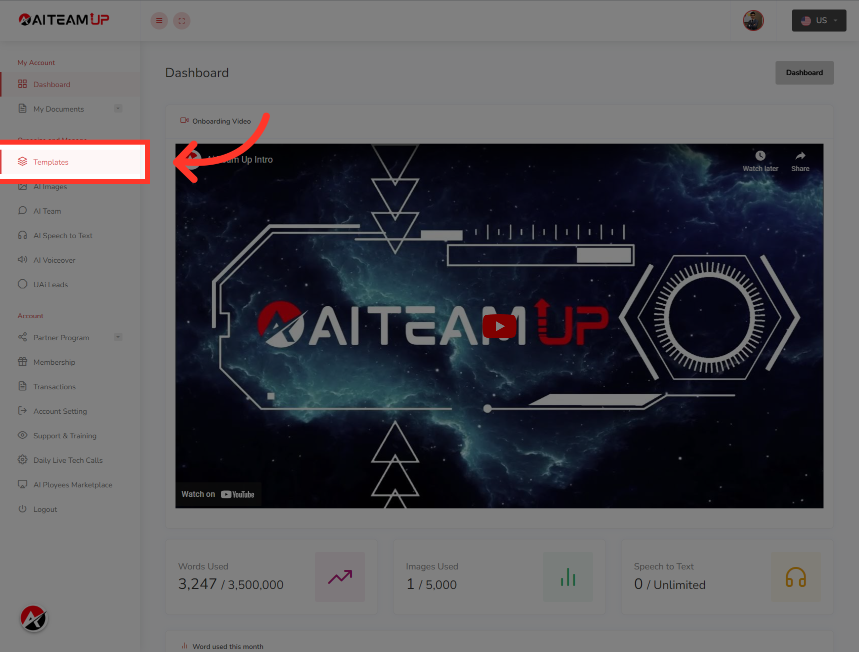Login to your AI TeamUp account and Access the Templates section.