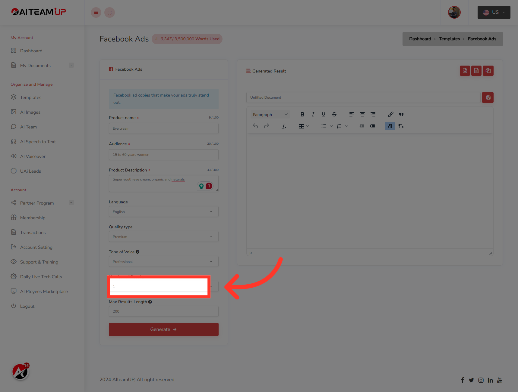 Select the number of results and variations you would like to generate.