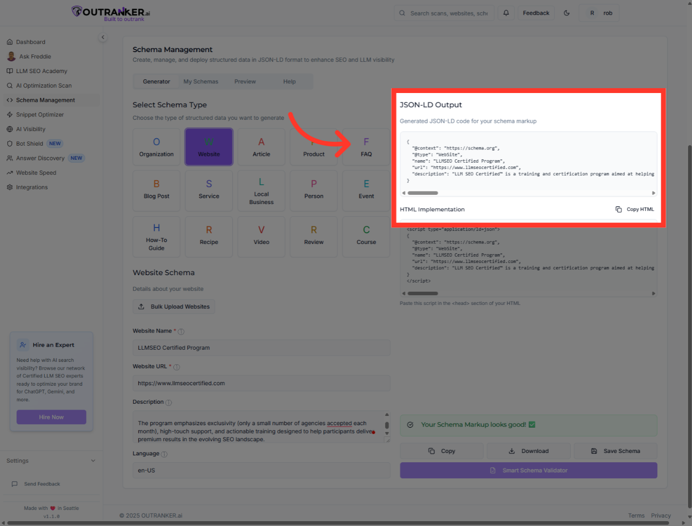 Click 'JSON-LD OutputGenerated JSON-LD code for your schema markup'