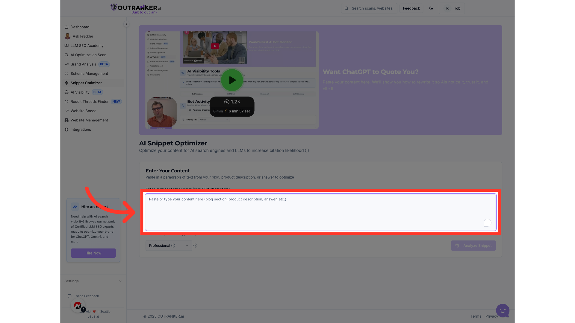 Click 'Enter your content snippet (max 500 characters)'