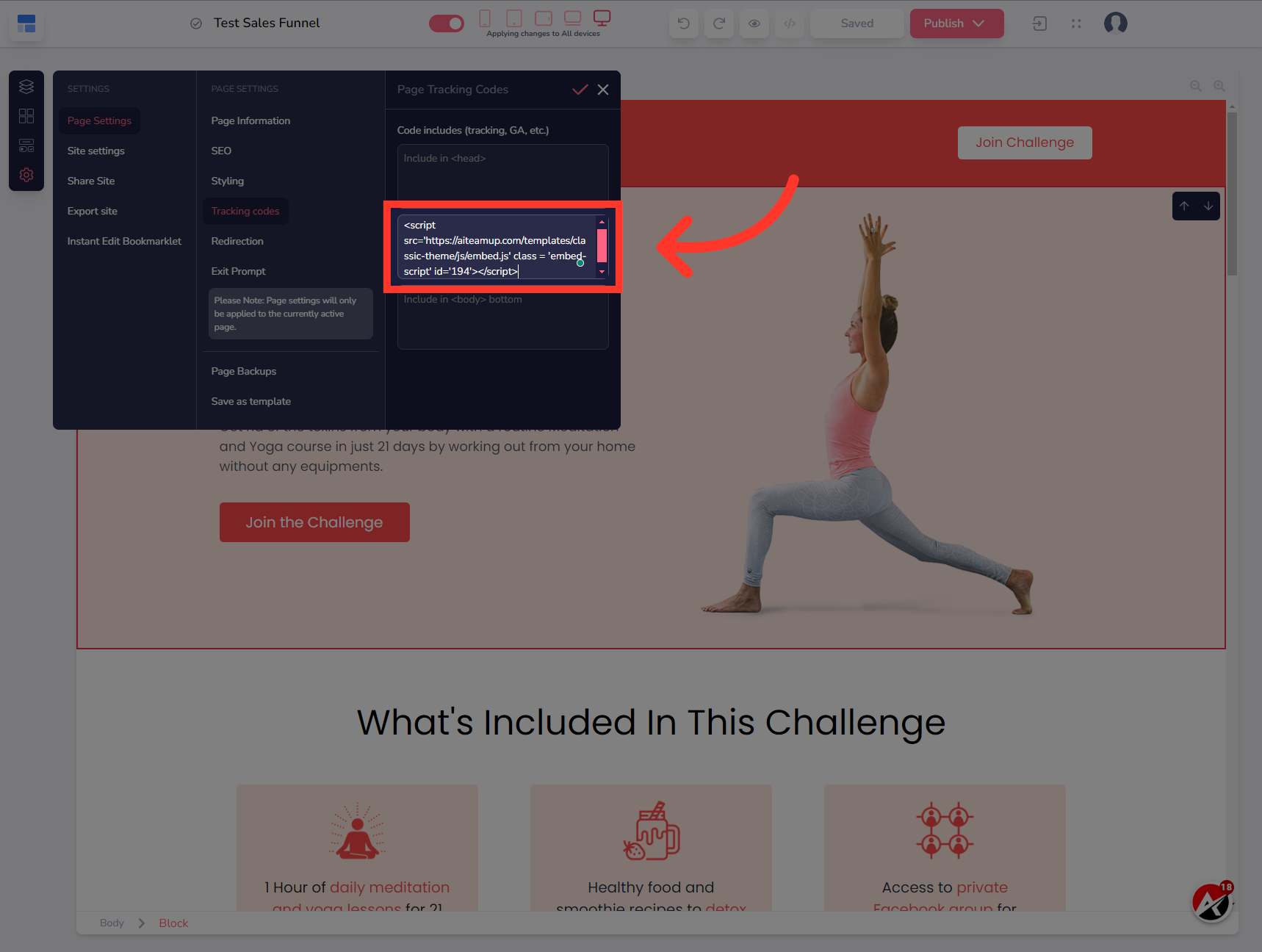 Enter the previously copied code to the body tracking code field.