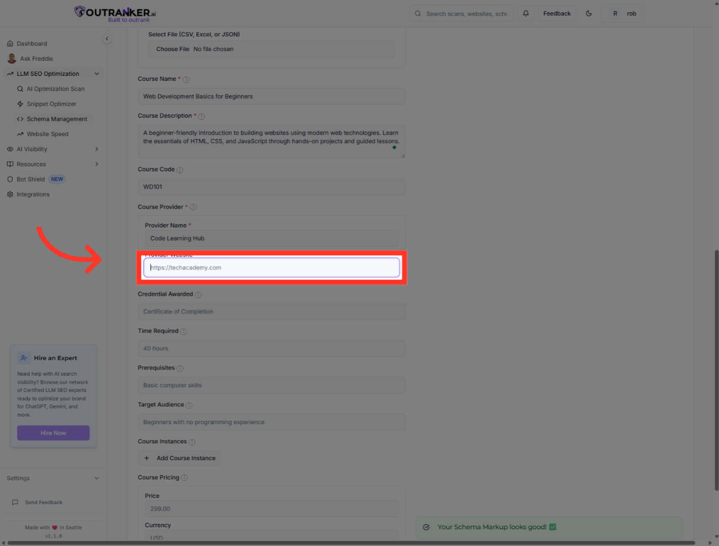 Click 'On the website URL field to input your course URL'