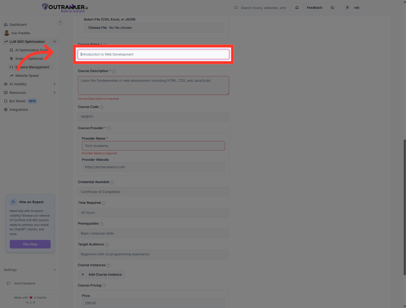 Click 'Course Name*'