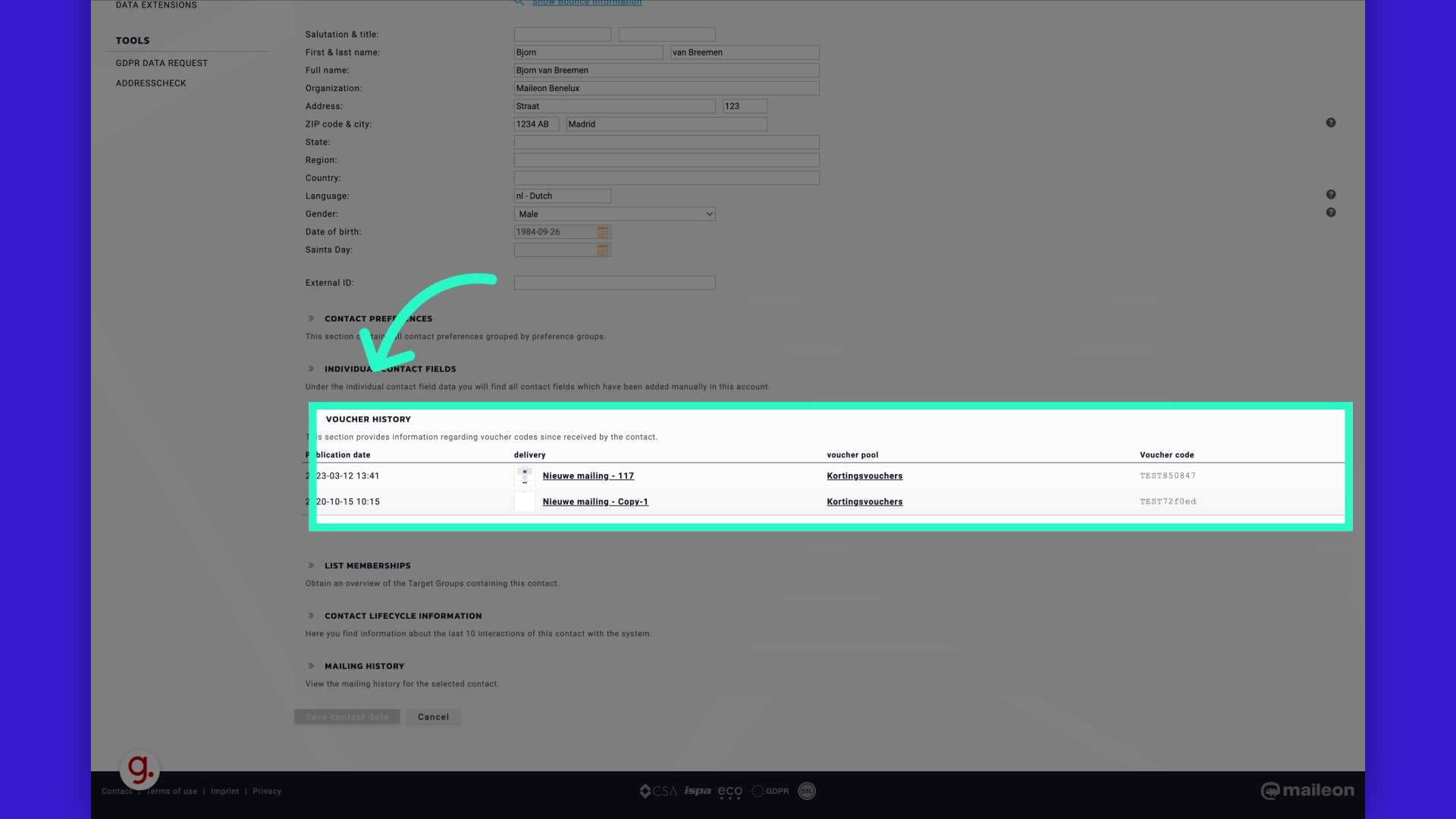 Unfold the voucher history and see which vouchers have been shared.