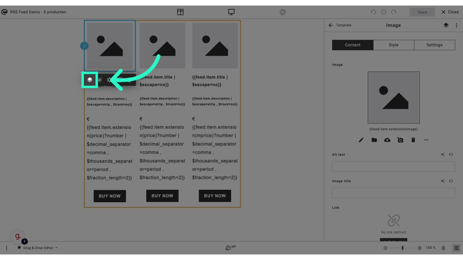 Select the block that contains the RSS feed personalisation