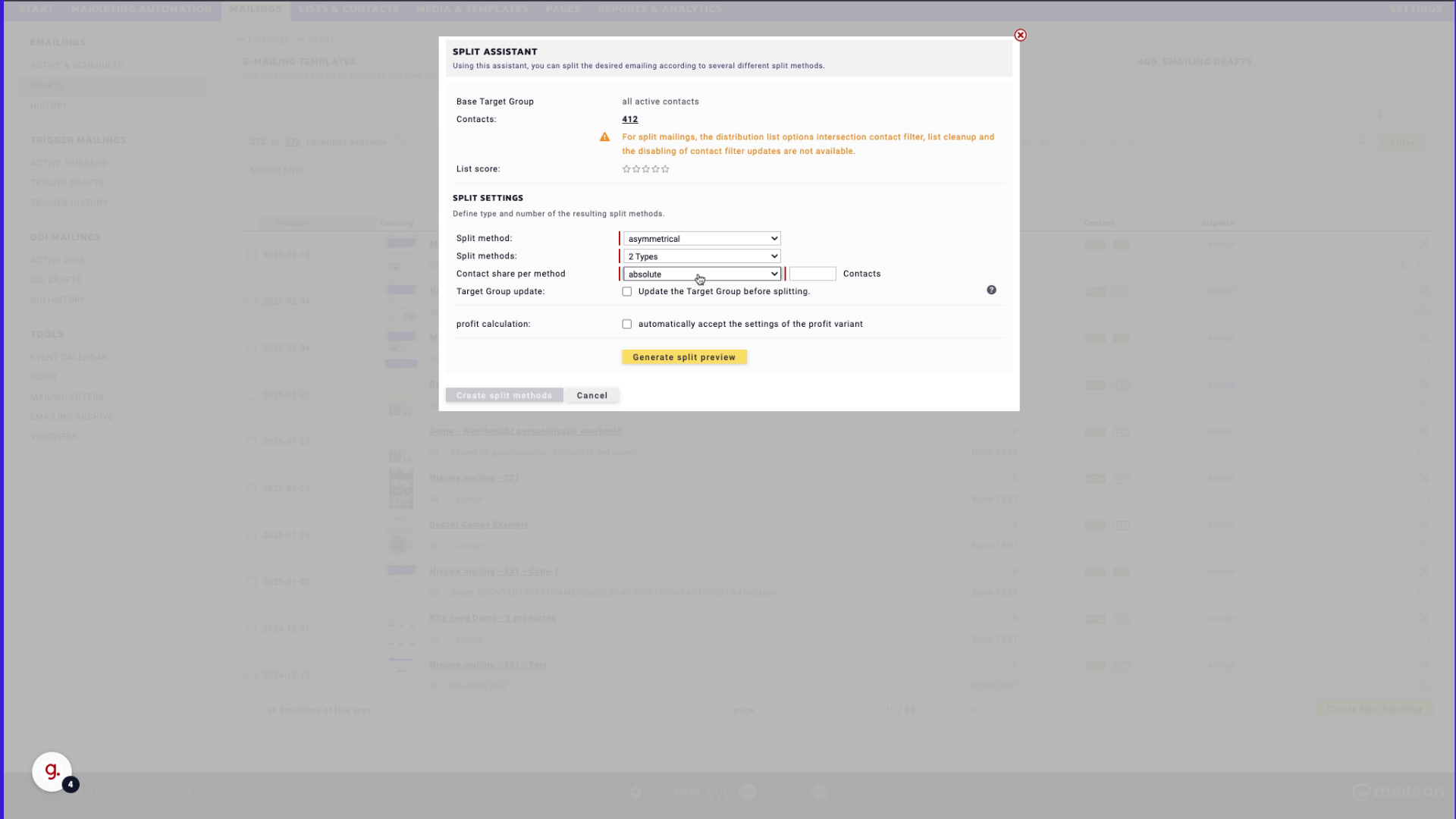 Select the way the contacts are distributed