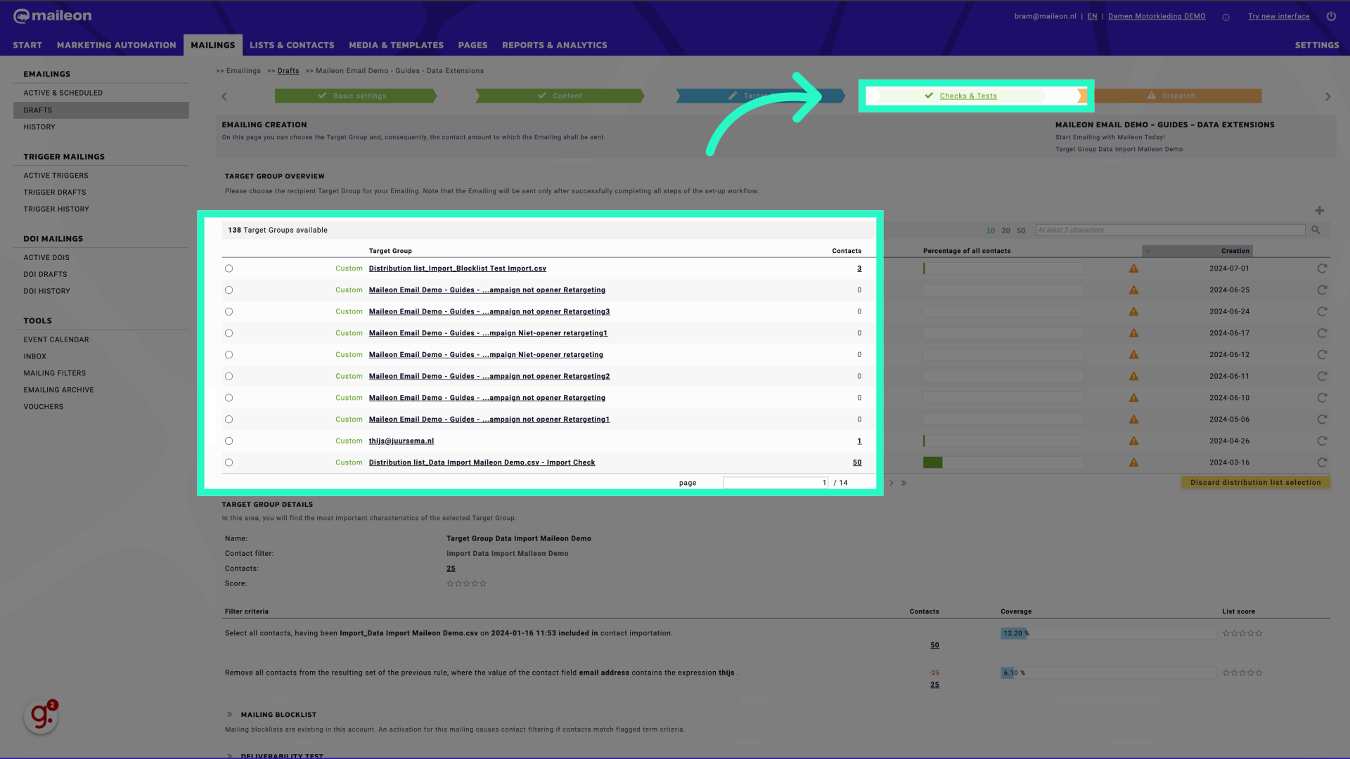 Select a target group and continue to 'Checks & Tests'