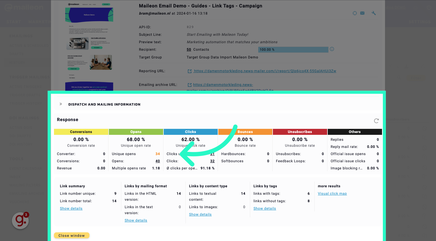 All the important metrics are available in the middle: