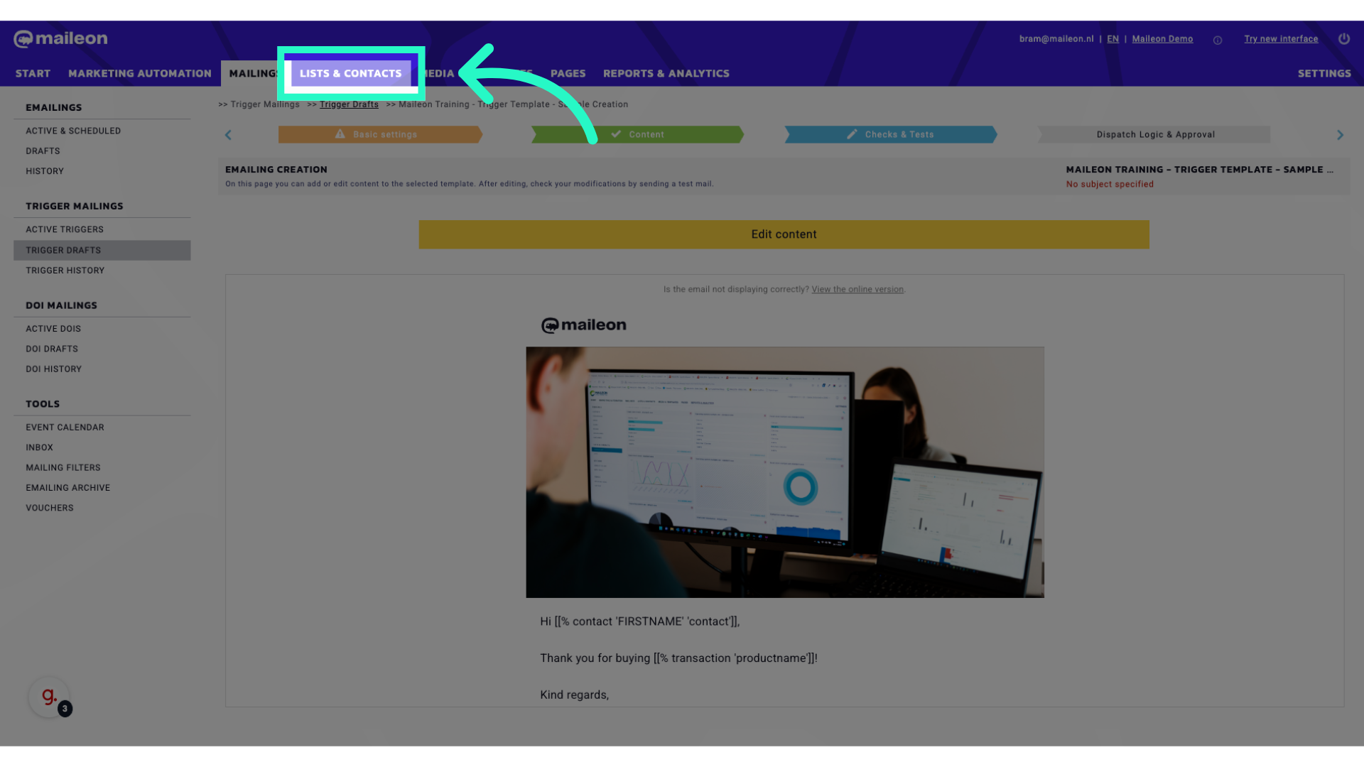Click 'Lists & Contacts'