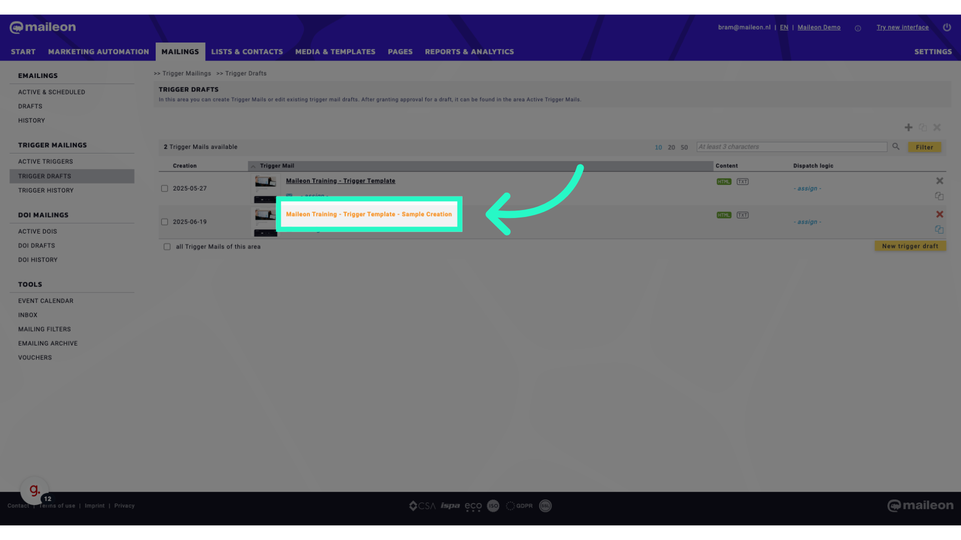 Click 'Maileon Training - Trigger Template - Sample Creation'