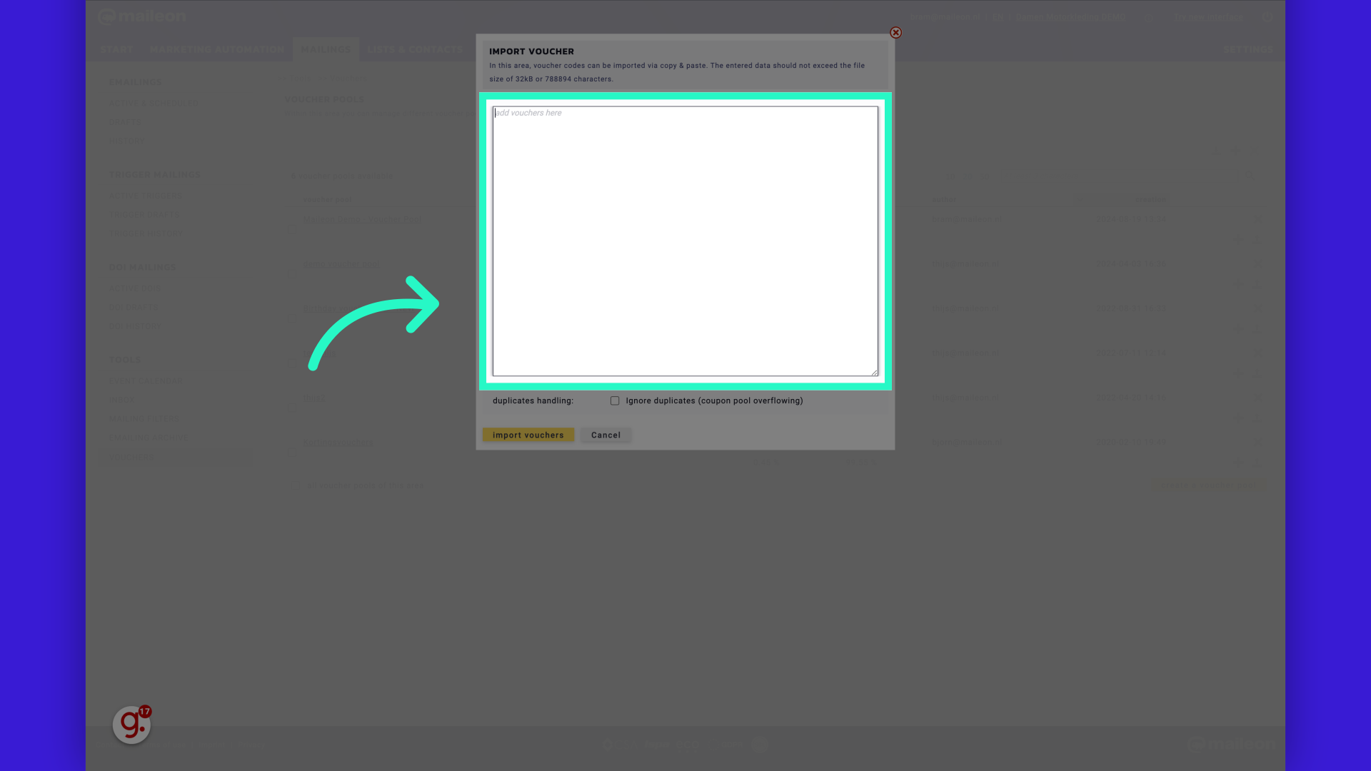 Open your Excel or CSV file with voucher codes, copy the column with voucher codes (without header) and click'add vouchers here' and copy the codes into the text field.