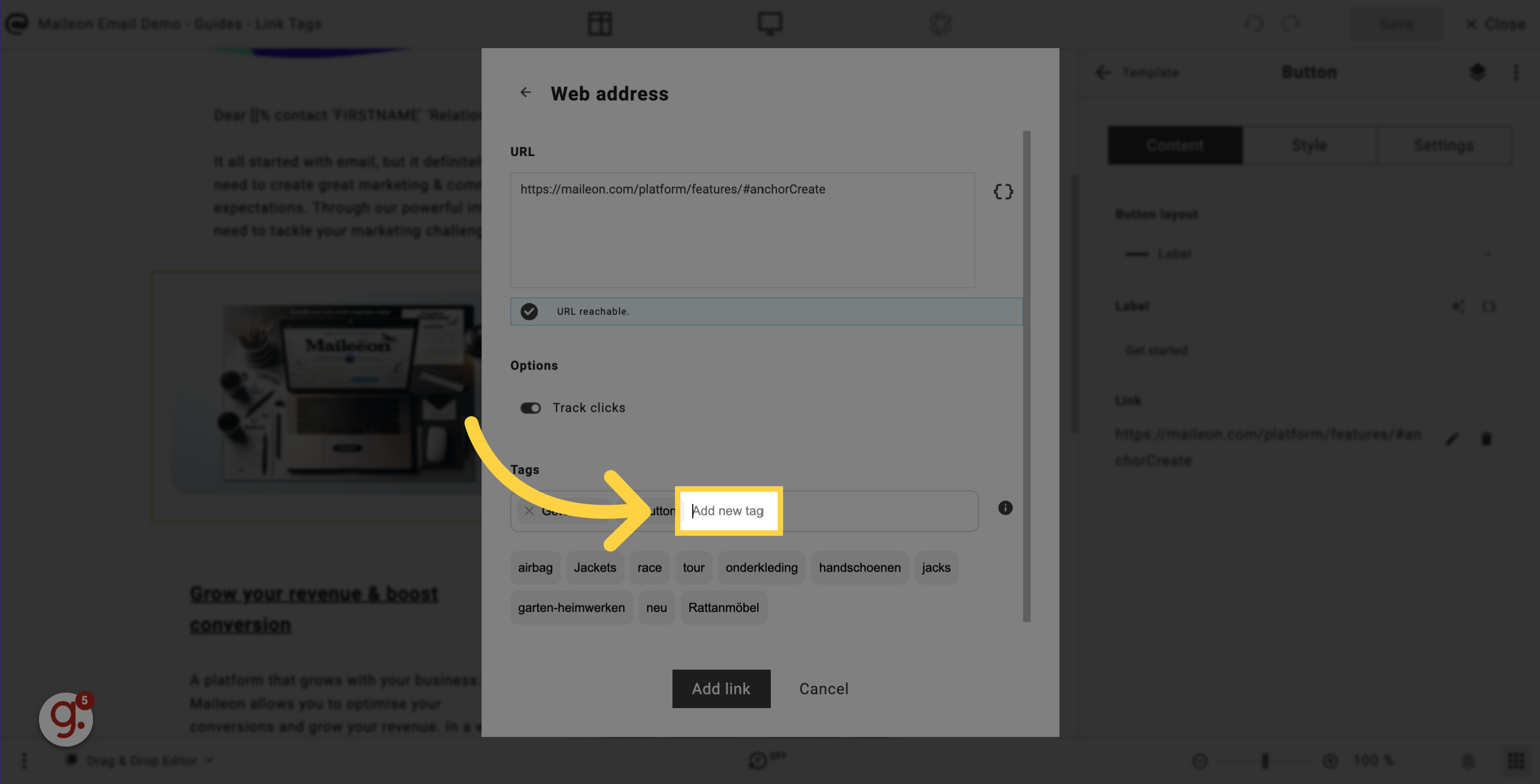 Adding the button tag (example)