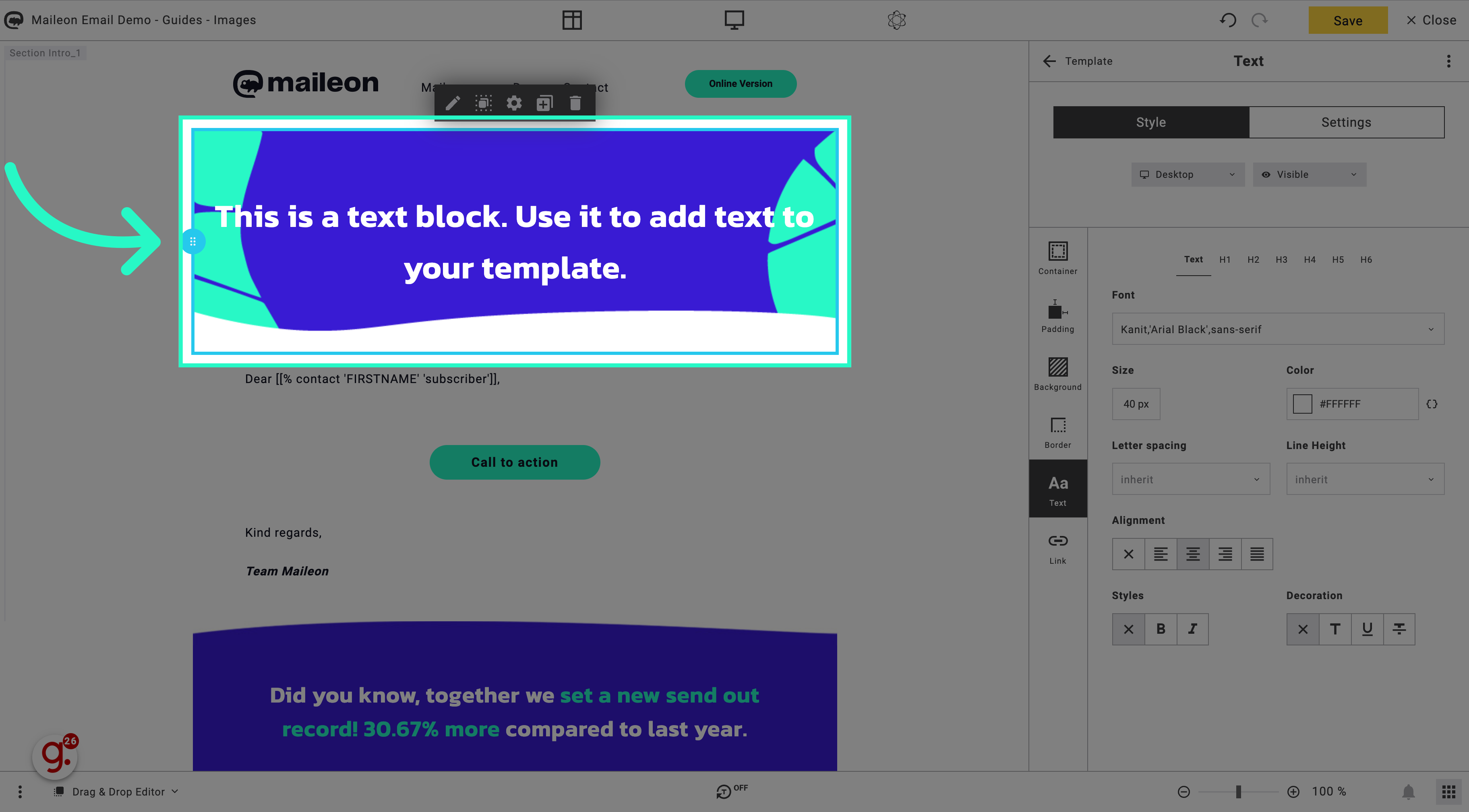 Click 'This is a text block. Use it to add text to your template.'