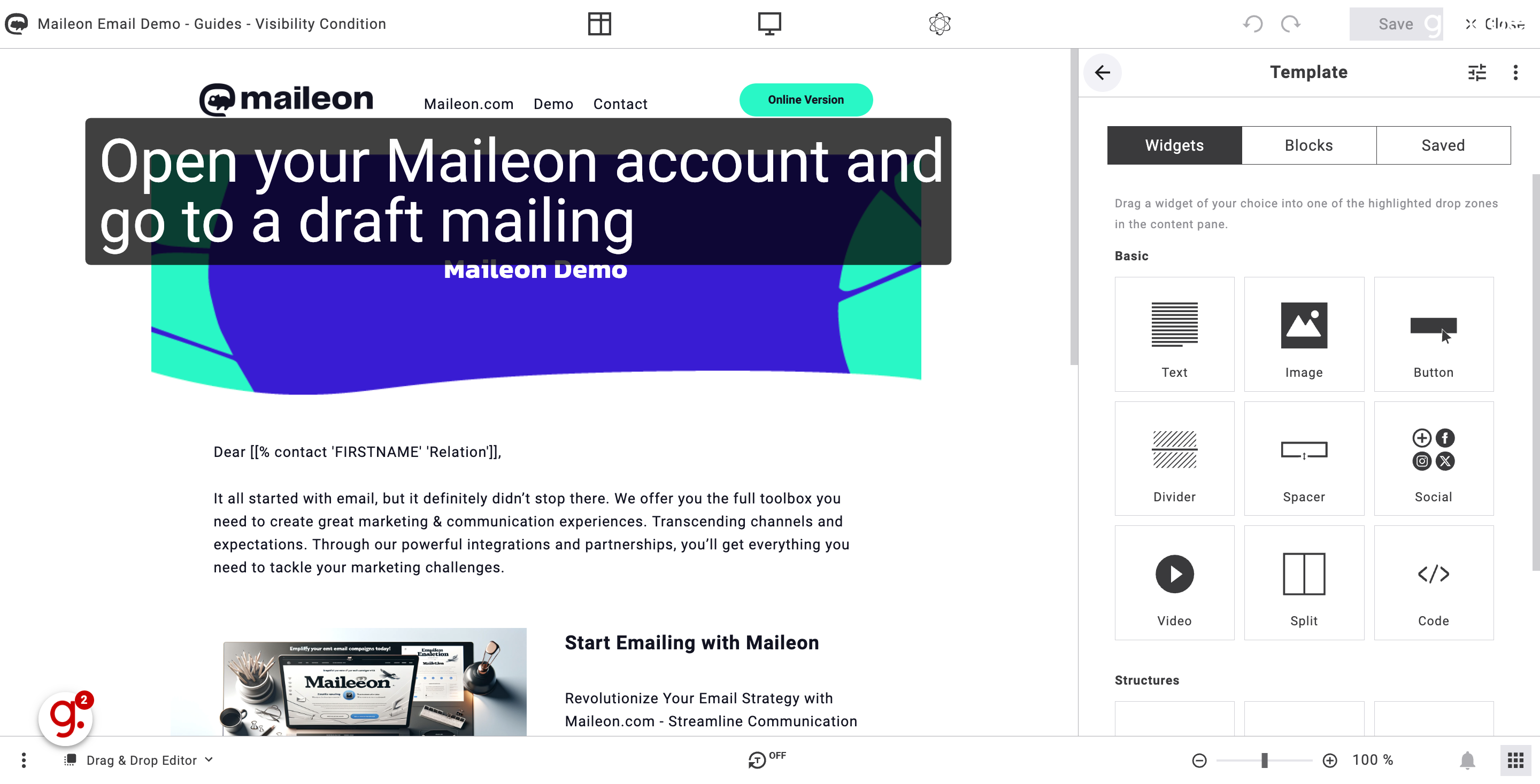 Open your Maileon account and go to a draft mailing