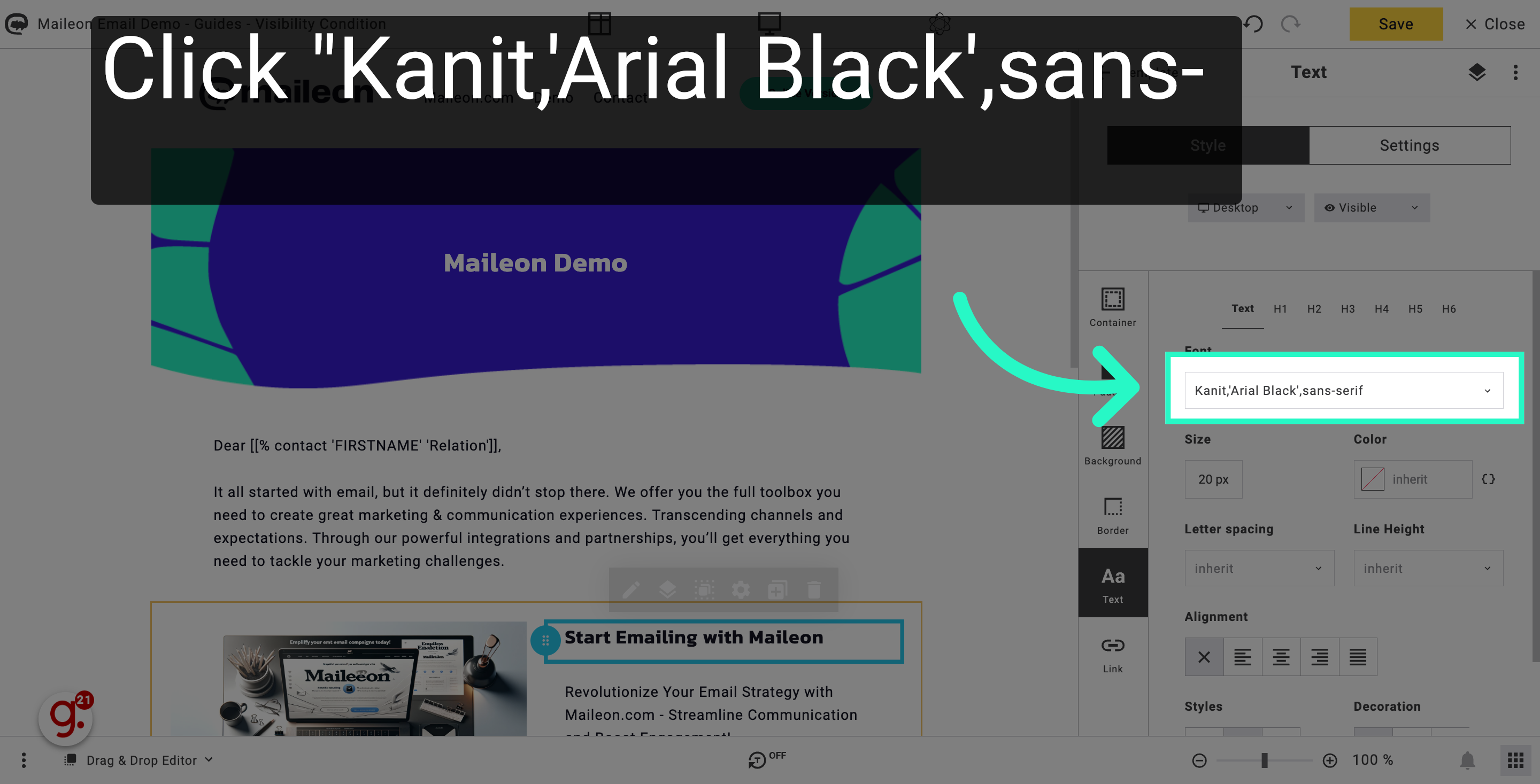 Select the font type you've added to your template