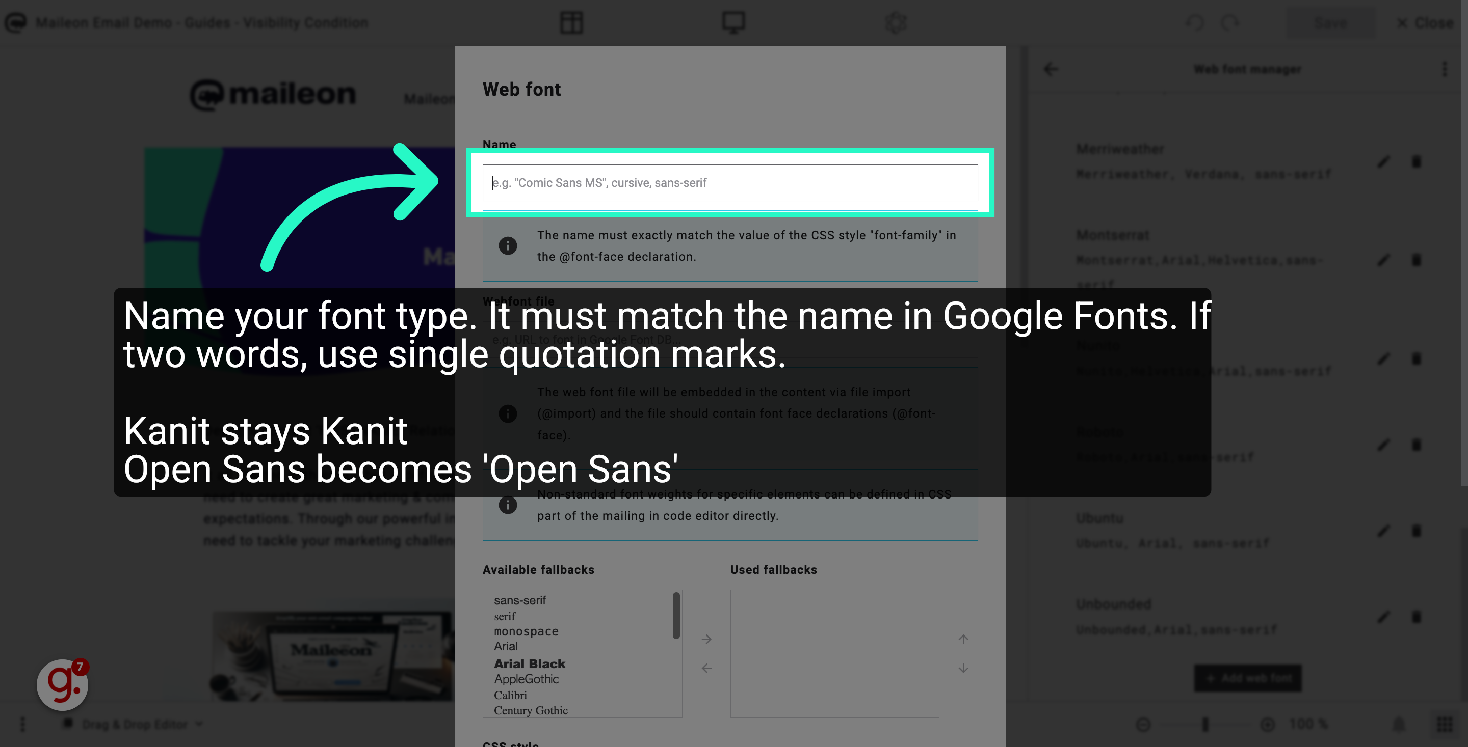 Name your font type. It must match the name in Google Fonts. If two words, use single quotation marks.

Kanit stays Kanit
Open Sans becomes 'Open Sans'