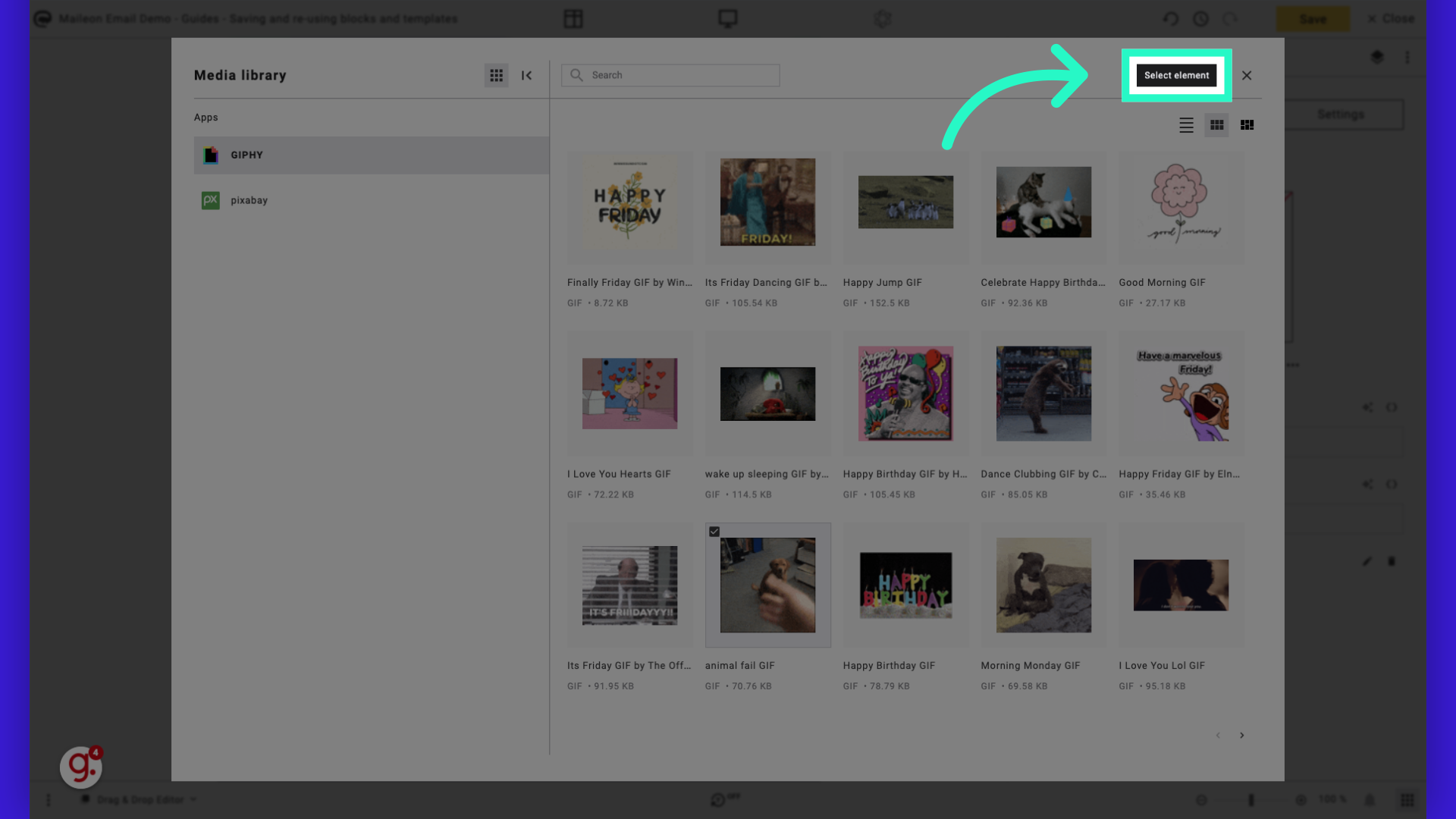 Click 'Select element' to add it to the email