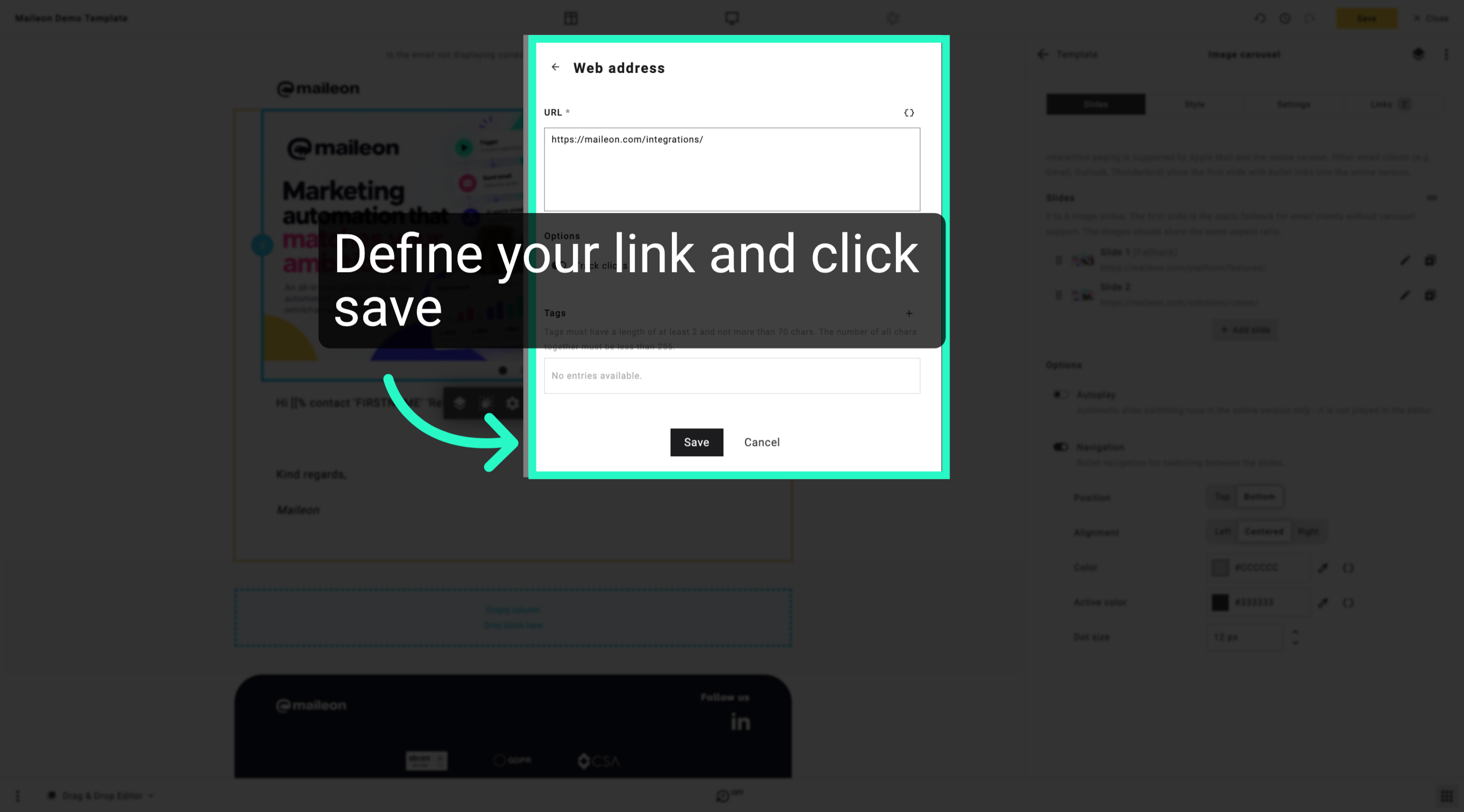 Define your link and click save