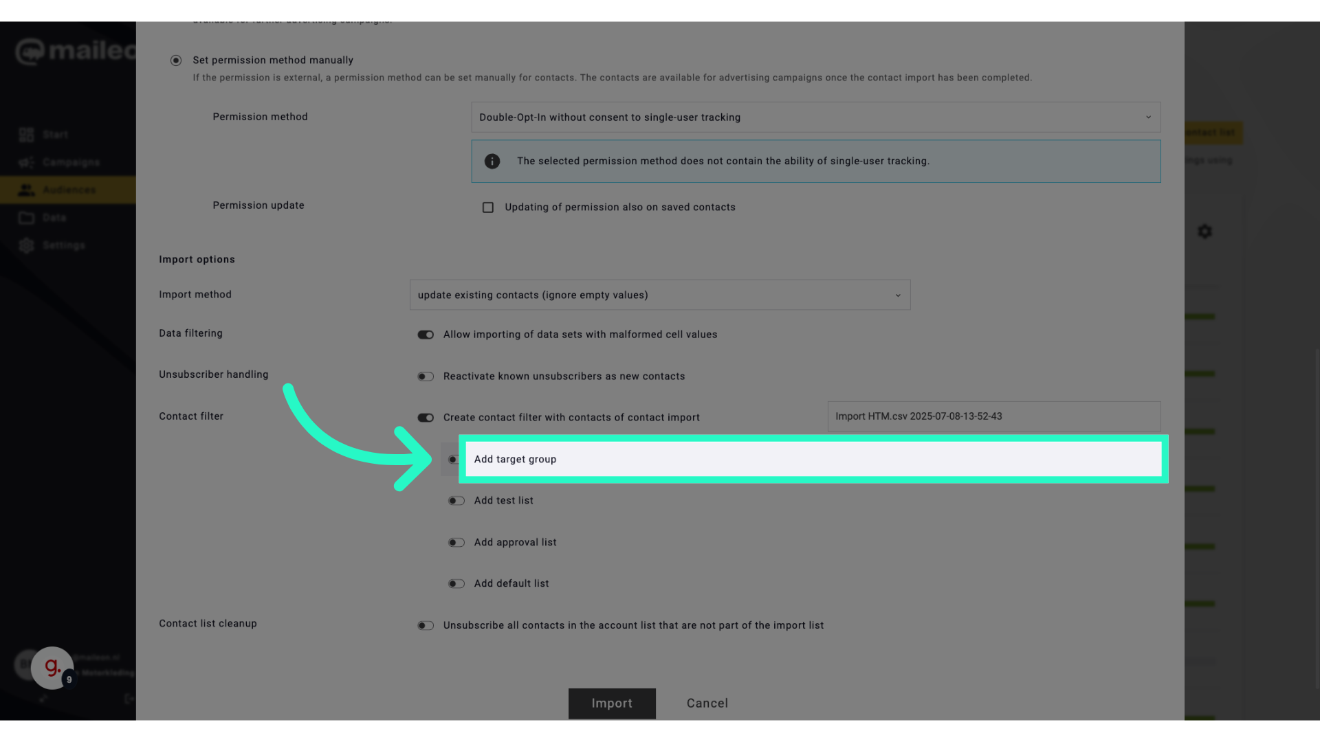 Click 'Add target group'