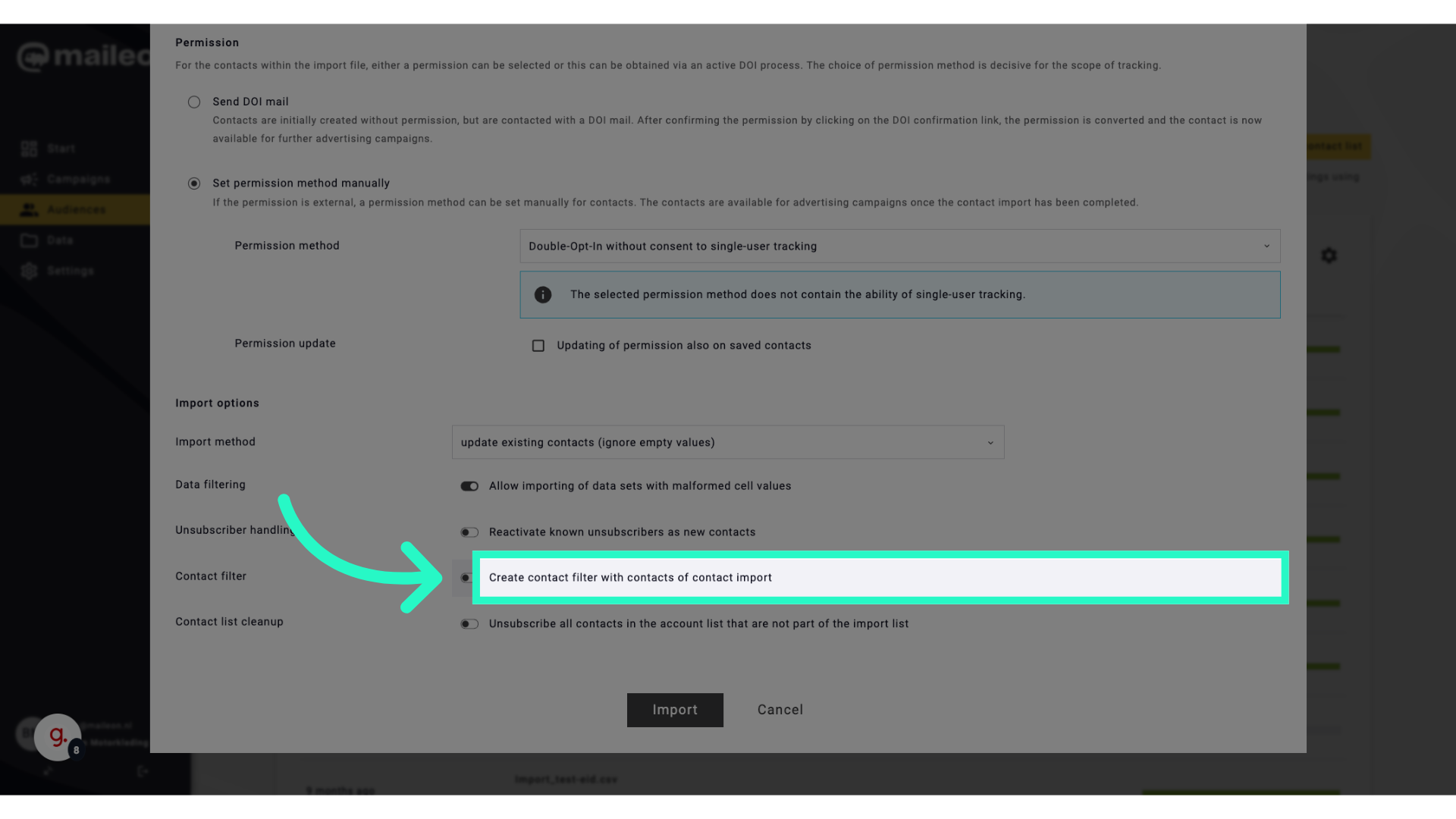 Click 'Create contact filter with contacts of contact import'