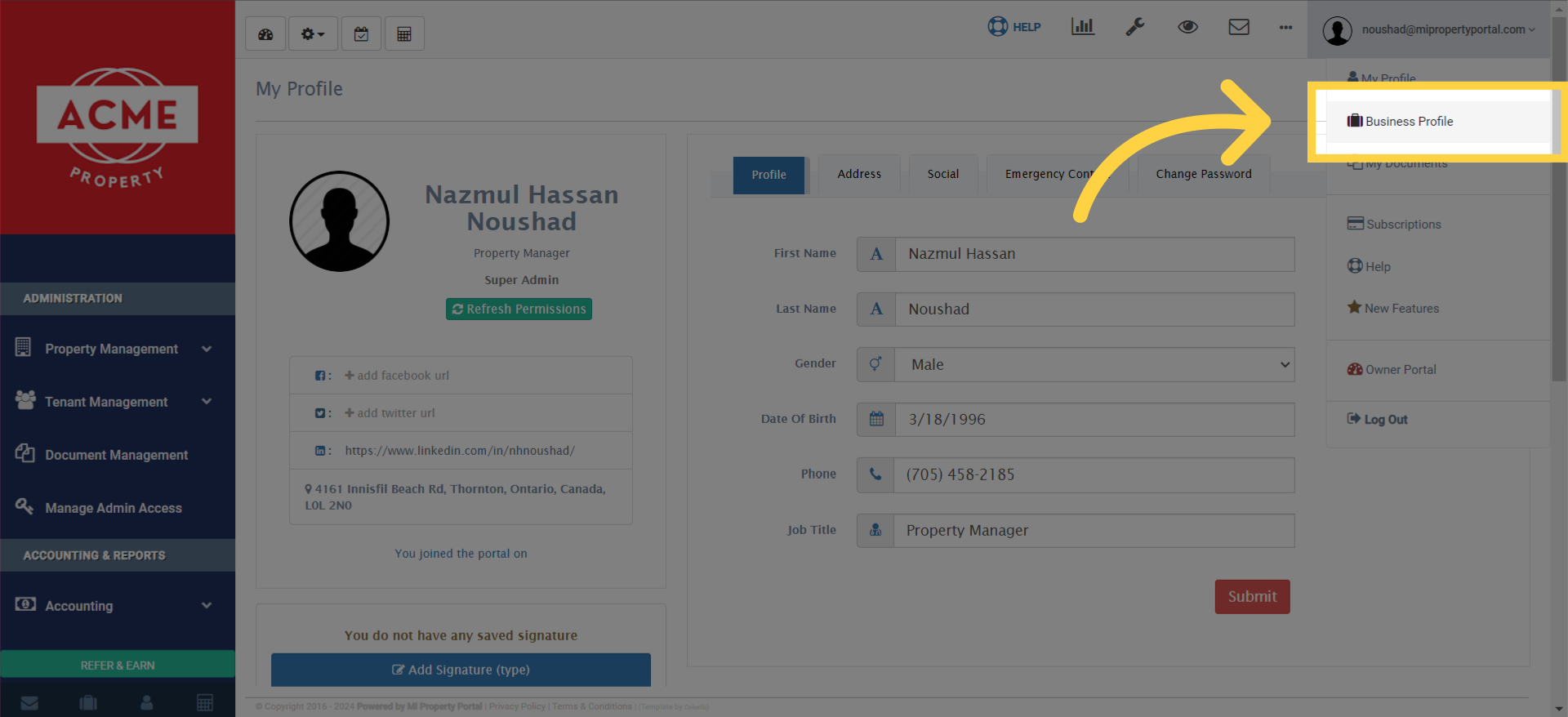 Then click on 'Business Profile'.