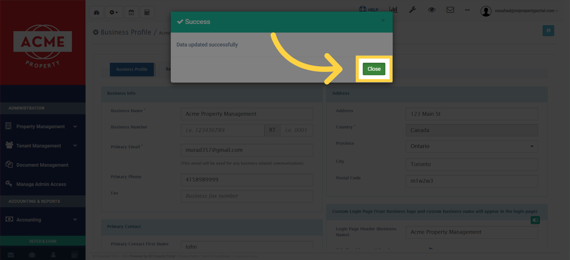 Once saved, you'll receive a success notification. Close it to continue.